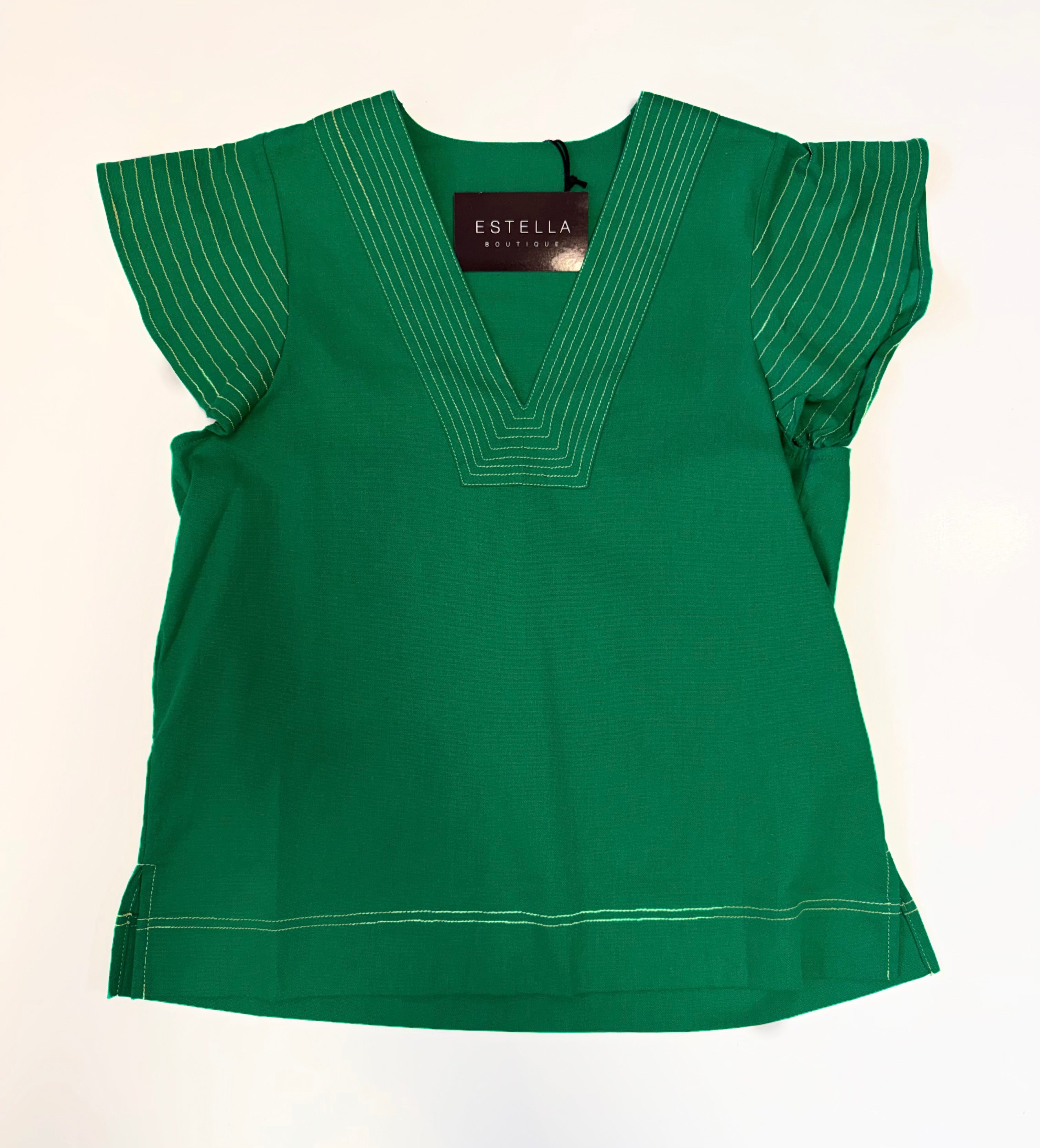 GREEN CONTRAST STITCH SHORT RUFFLE SLEEVE VNECK TOP