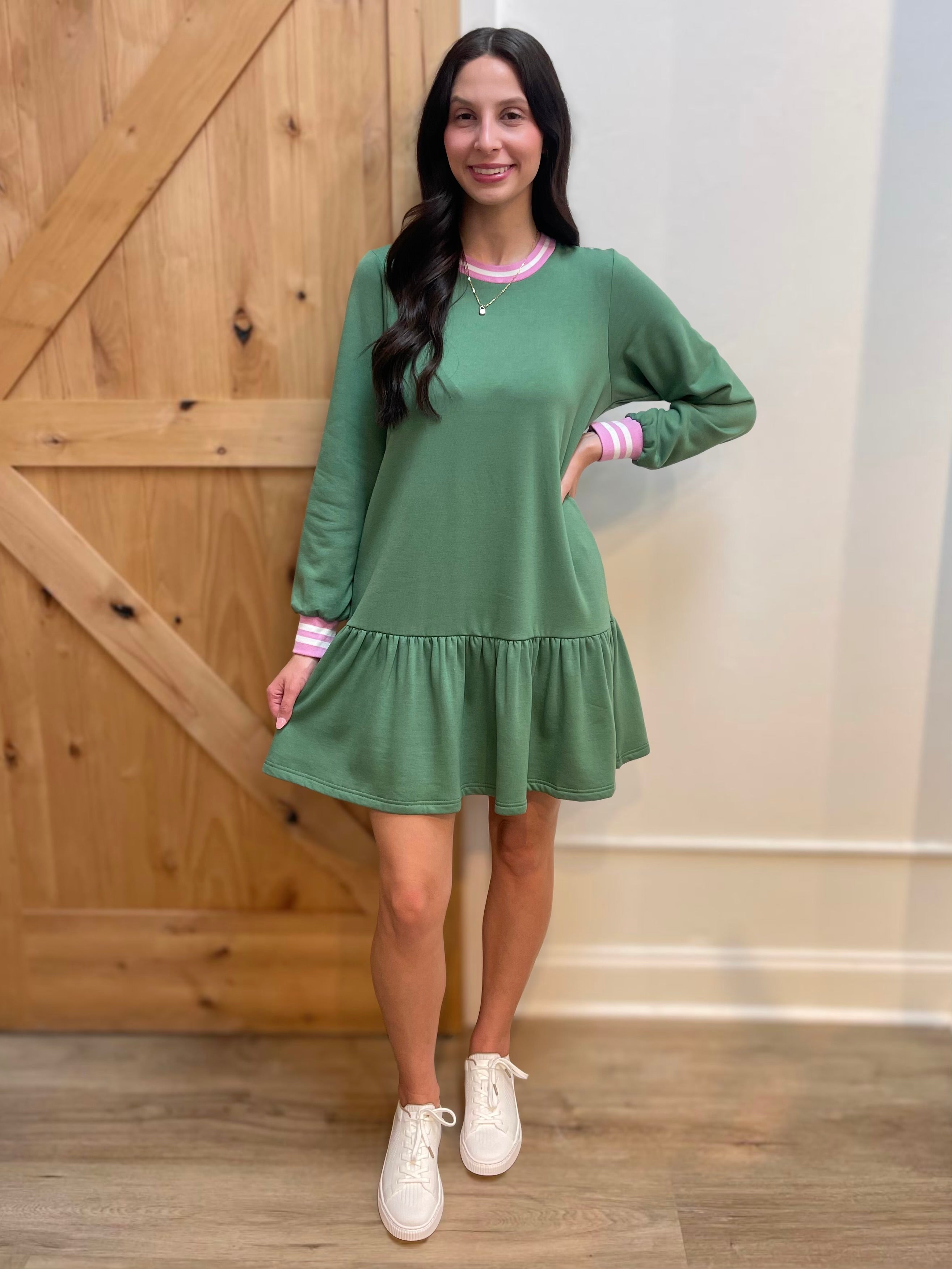 OLIVE STRIPE TRIM DROP WAIST LONG SLEEVE GEORGIA MINI DRESS
