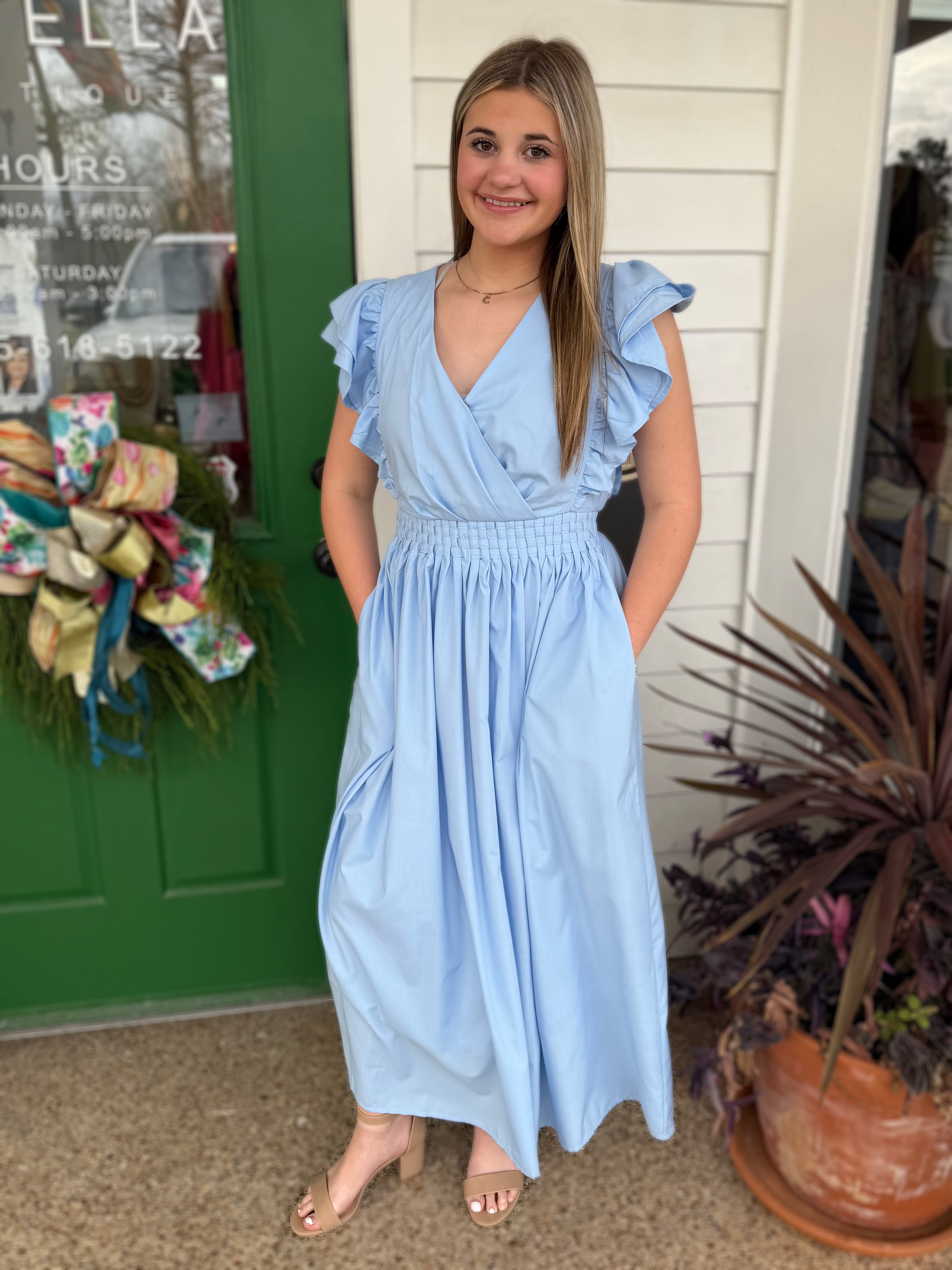 SKY BLUE RUED DETAIL RUFFLED SLEEVE MIDI DRESS