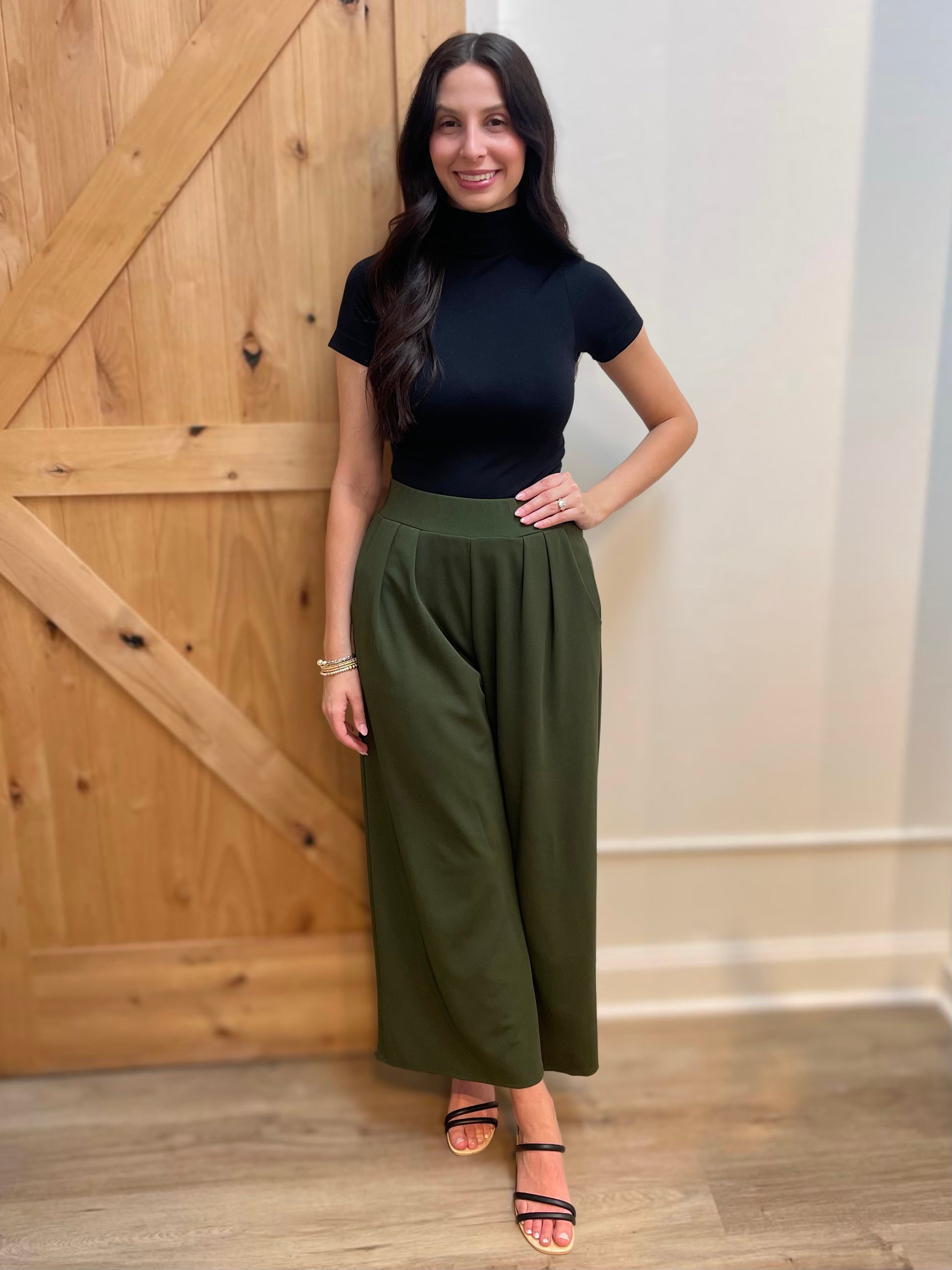 DARK OLIVE STRETCHY HIGH WAIST CREPE WIDE LEG PANTS