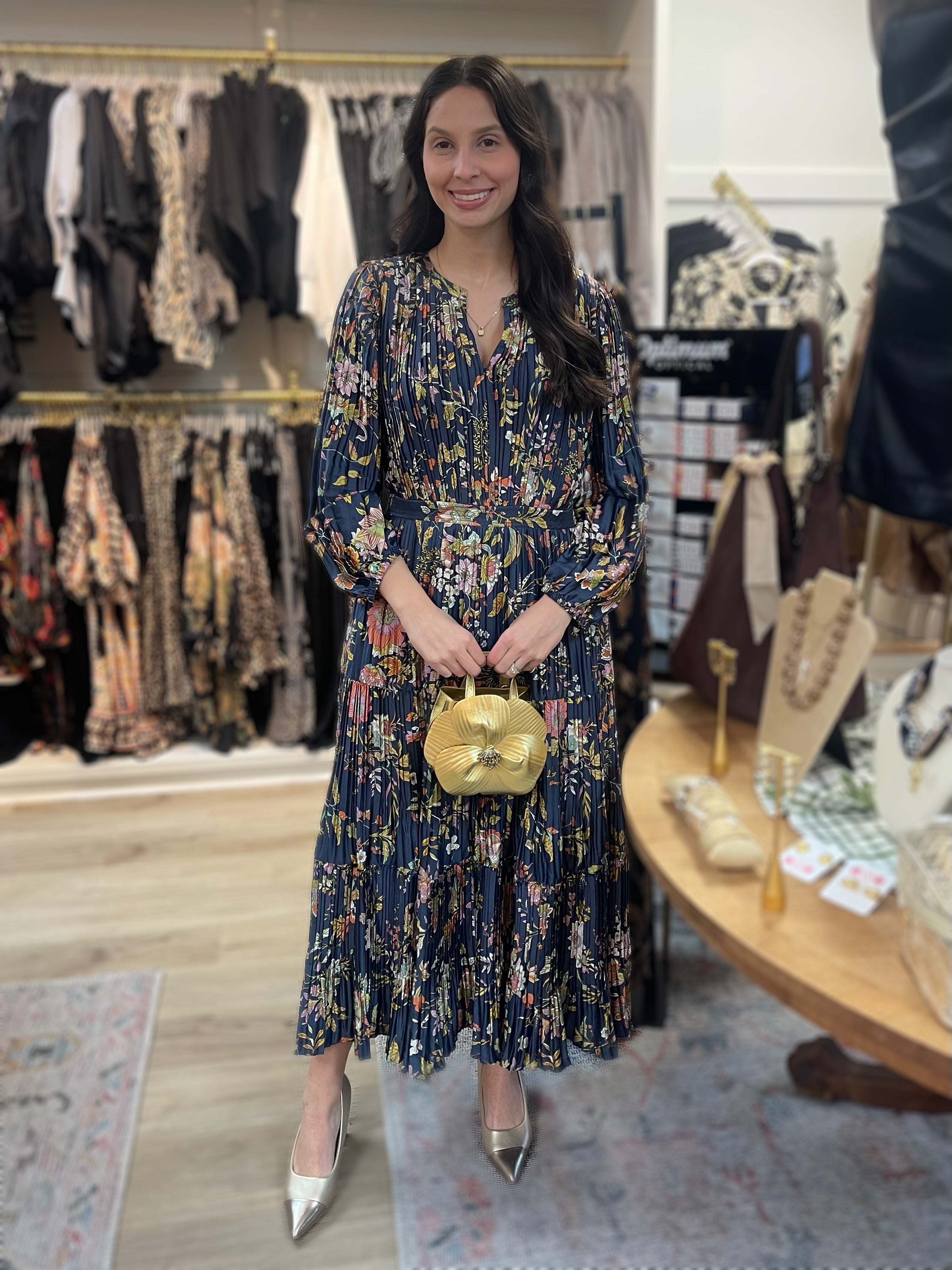 NAVY MUTLI FLORAL PRINT PLEATED LONG SLEEVE MIDI DRESS