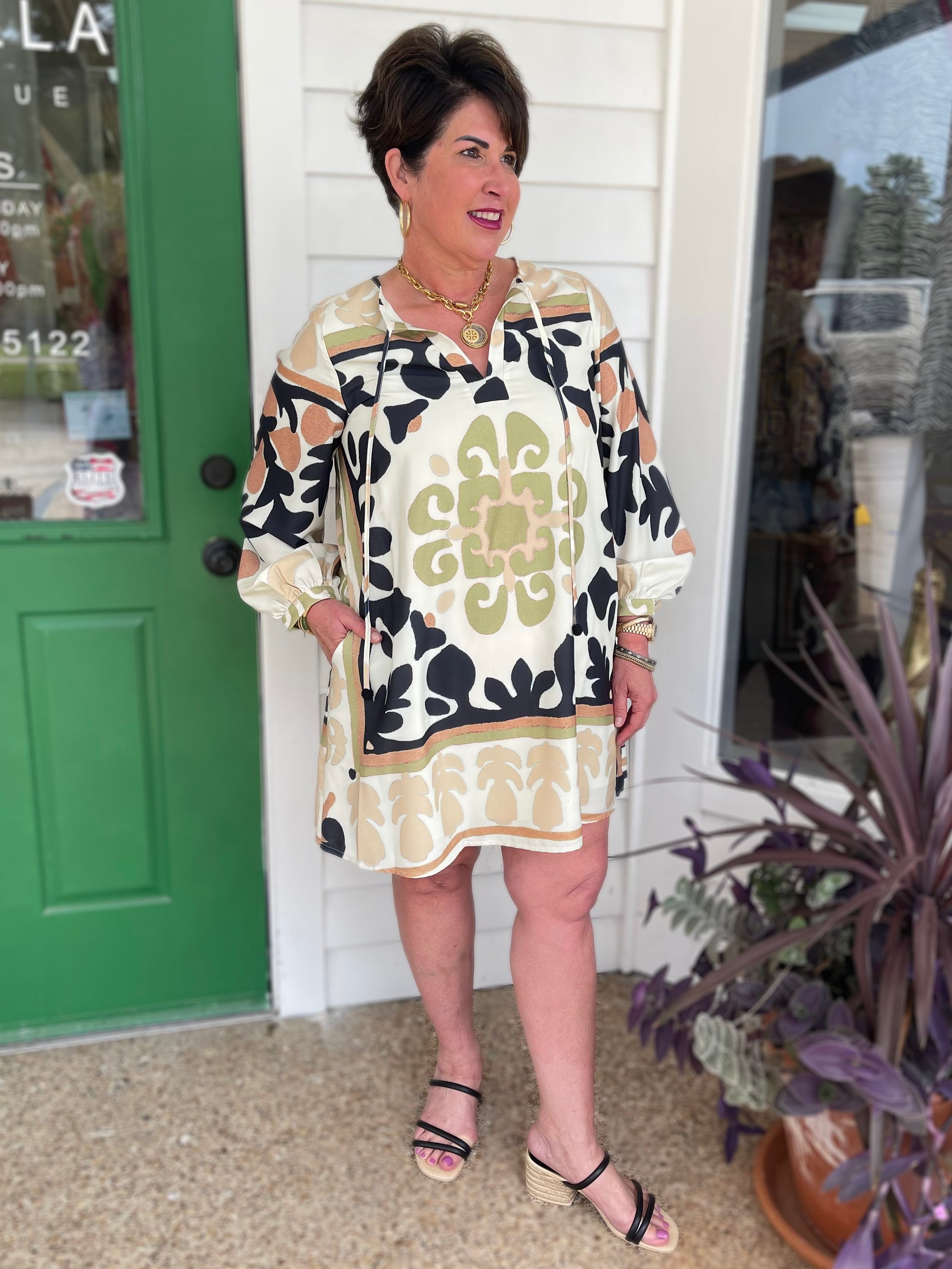 BROWN MULTI PRINTED JEINNY MINI HOUSE DRESS