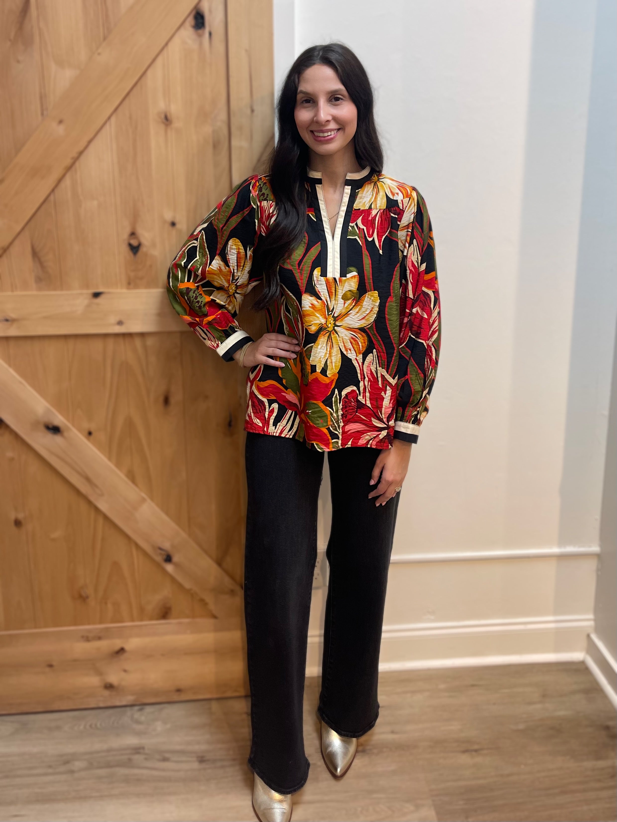 BLACK MIX FLORAL PRINT STANDING COLLAR LONG SLEEVE TOP