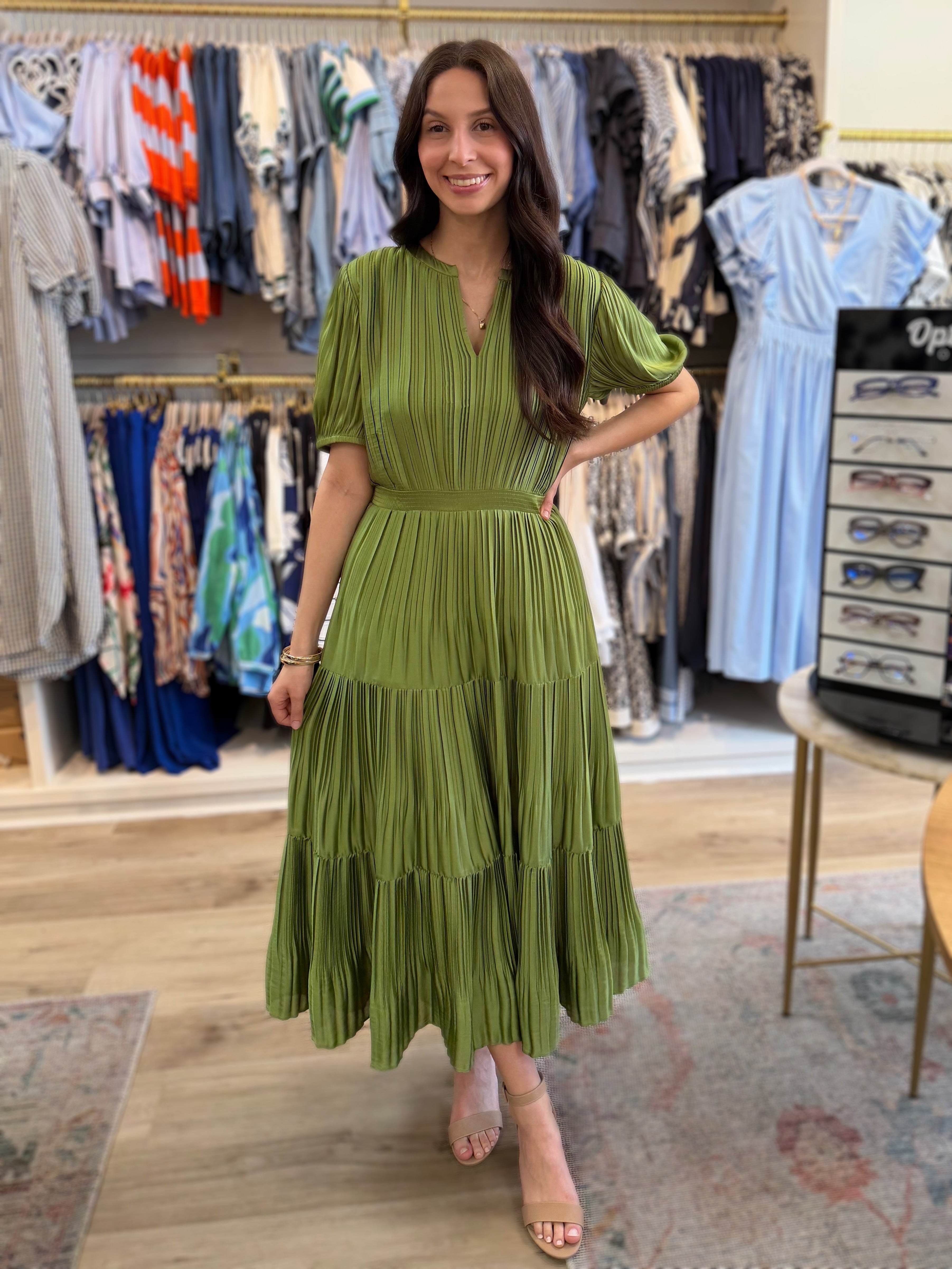 OLIVE PLEATED SPLIT NECK SHORT PUFF SLEEVE TIERED MAXI DRESS
