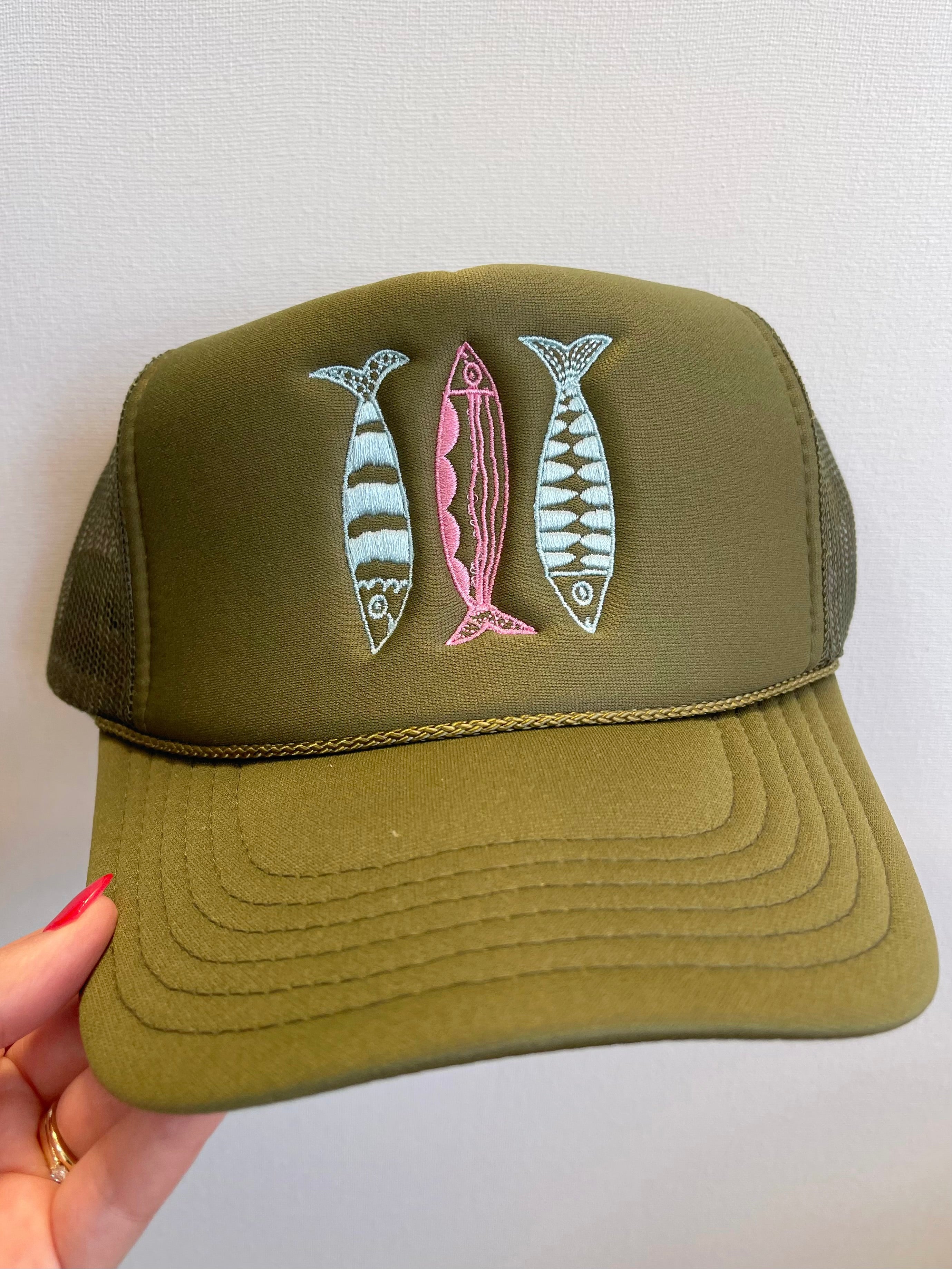 LIGHT BLUE & PINK THREAD SARDINES TRUCKER HAT - OLIVE HAT