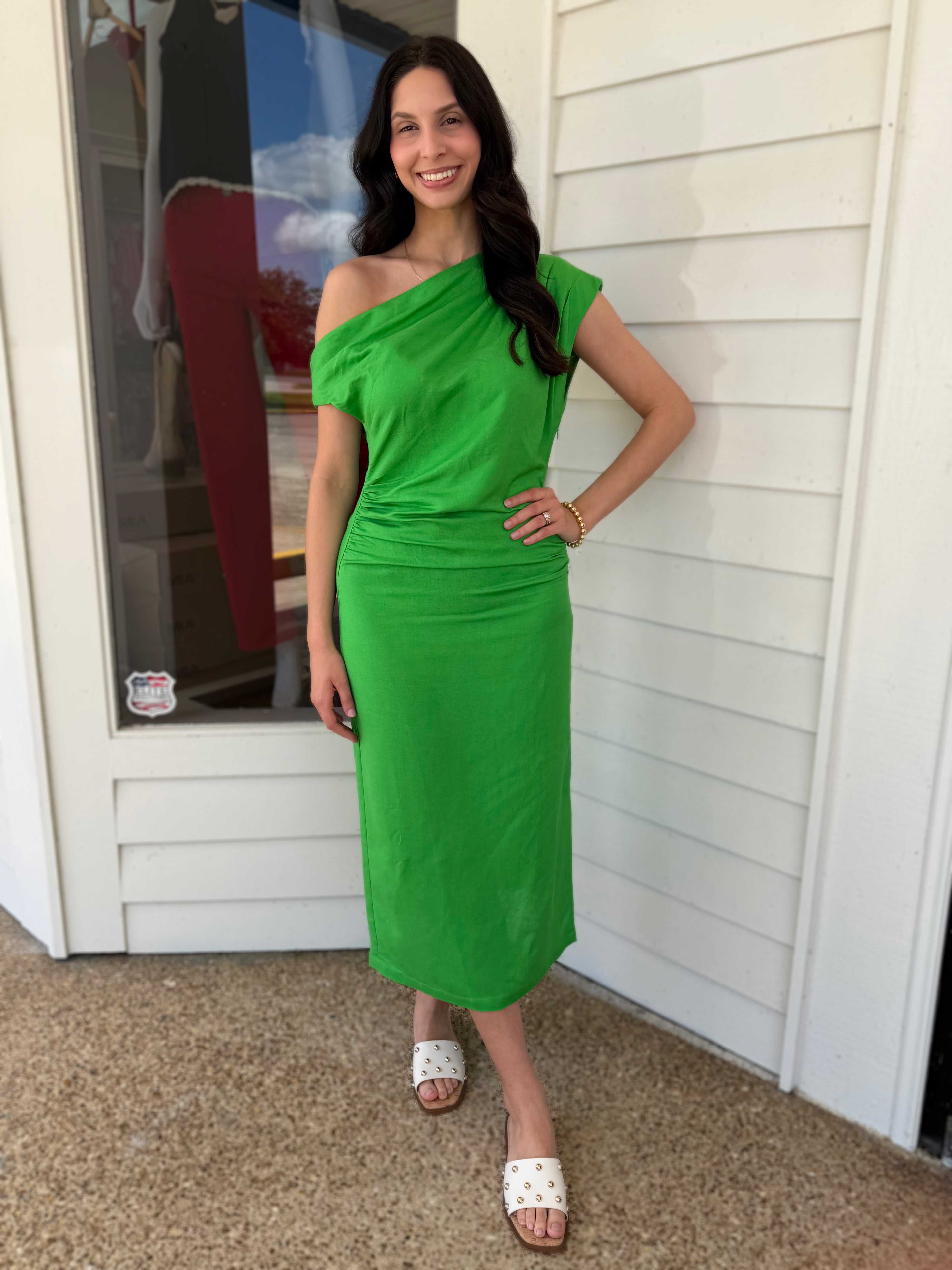 GREEN FITTED ASYMMETRICAL MORERE MIDI DRESS