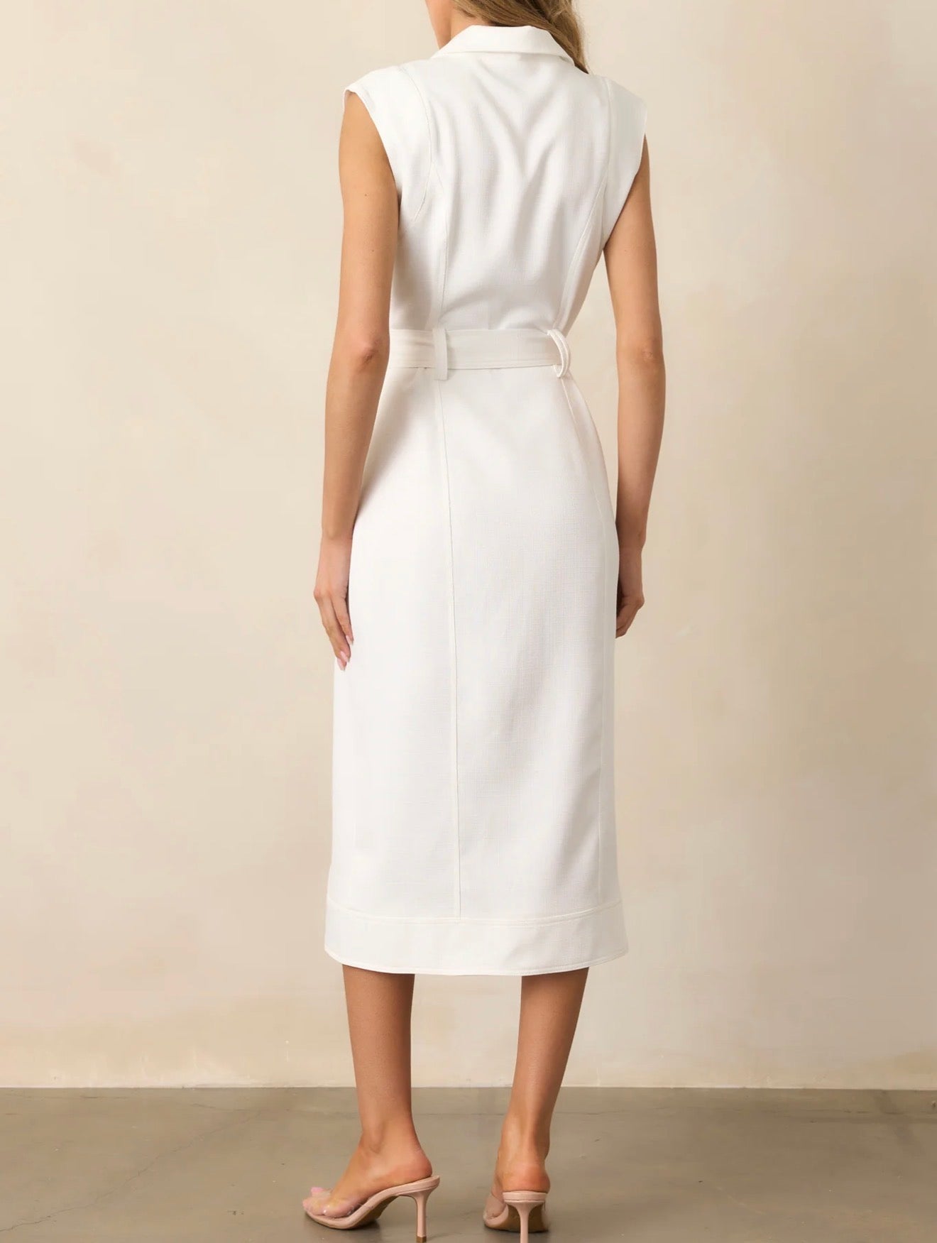 WHITE BUTTON UP BELTED JACQUELINE MIDI DRESS