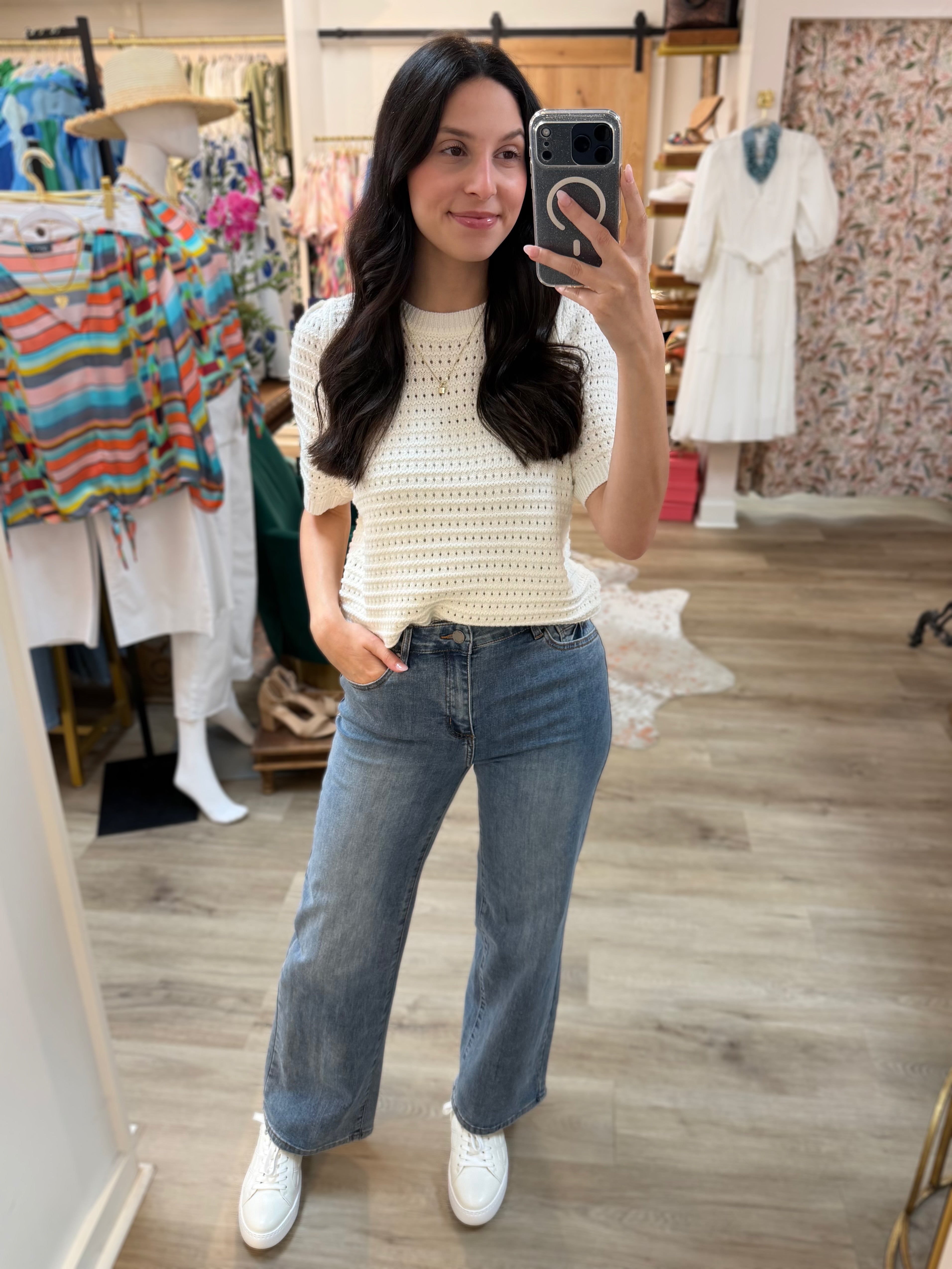 OFF WHITE OPEN WEAVE POINTELLE SHORT PUFF SLEEVE SWEATER TOP
