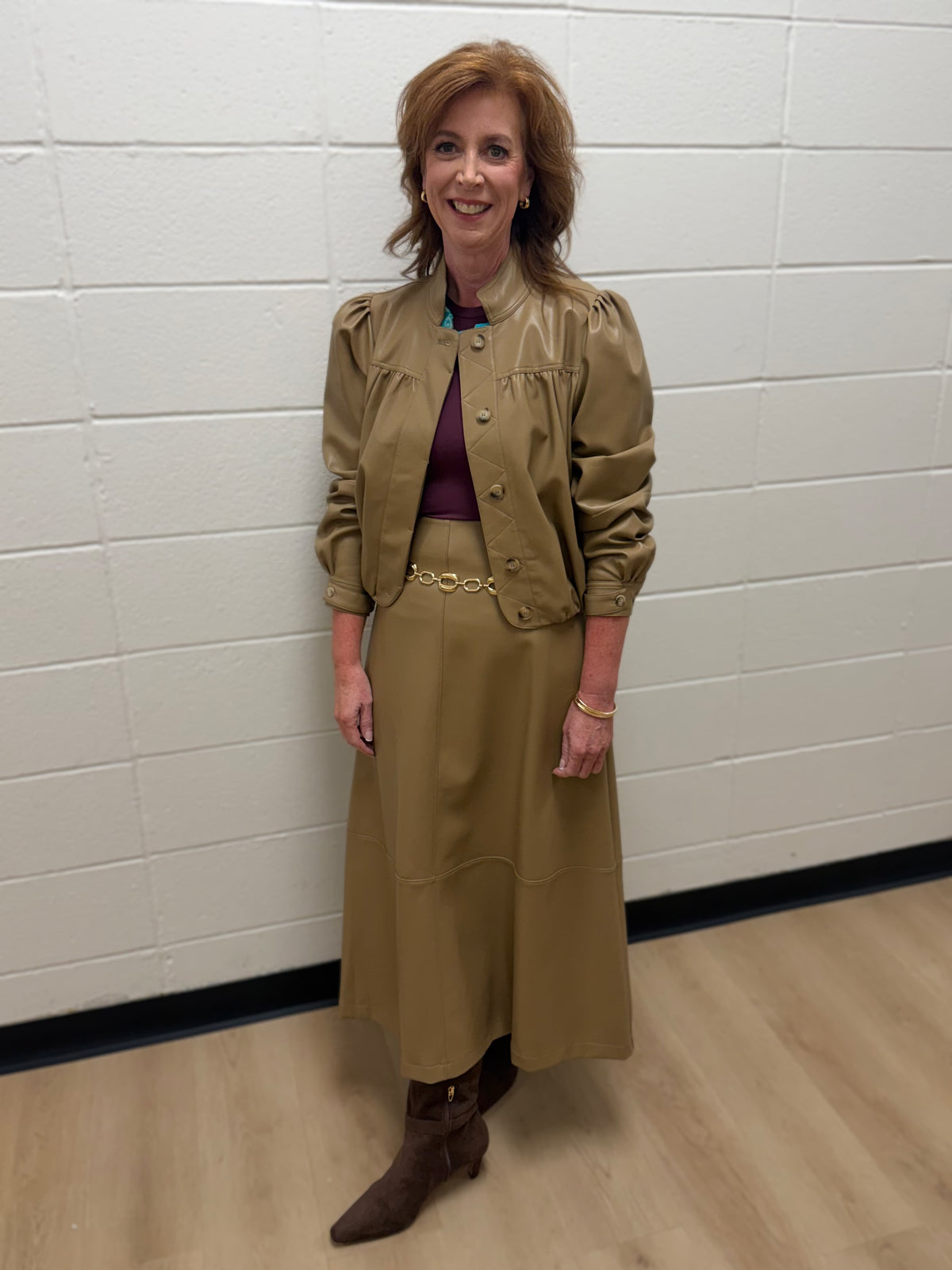 CARAMEL VEGAN LEATHER LONG SLEEVE BUTTON UP ASHLAND JACKET