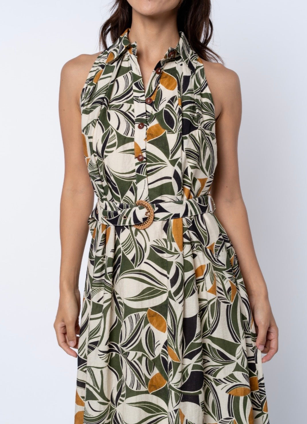 CREAM MULTI ABSTRACT LEAF PRINT HALTER SHIRT HATTIE MAXI DRESS