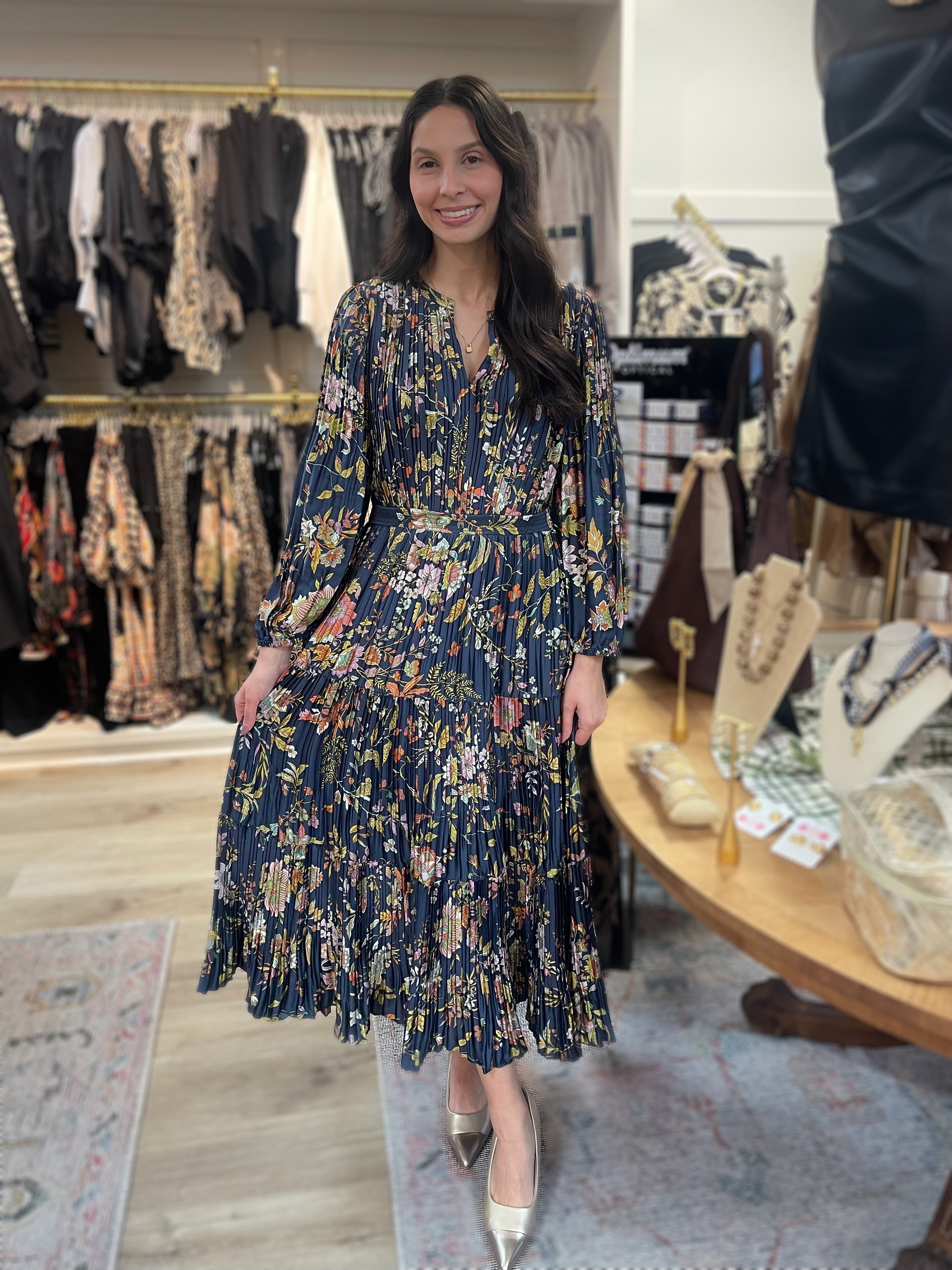 NAVY MUTLI FLORAL PRINT PLEATED LONG SLEEVE MIDI DRESS