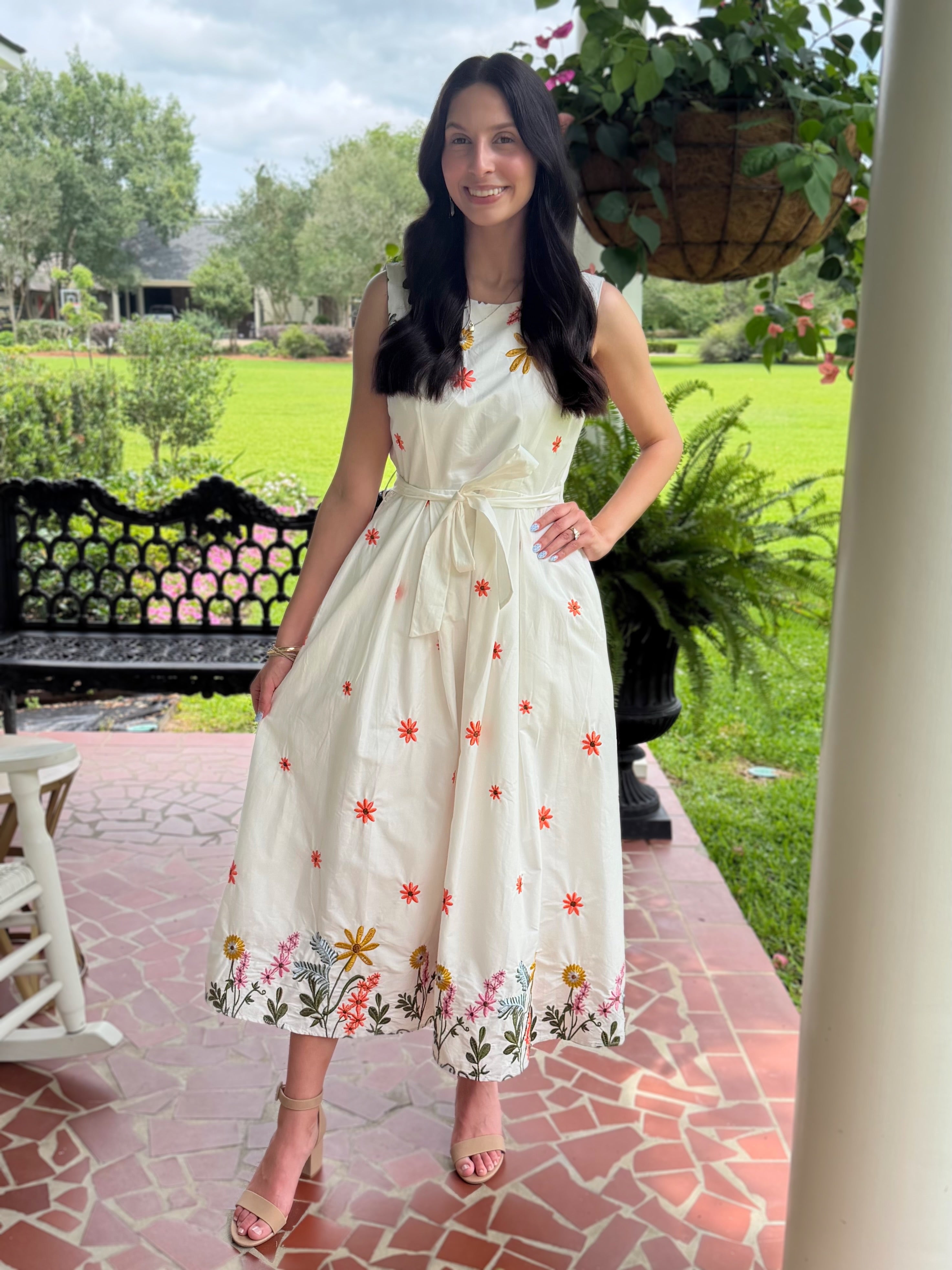 WHITE MULTI FLORAL EMBROIDERY WAIST TIE SLEEVELESS MIDI DRESS