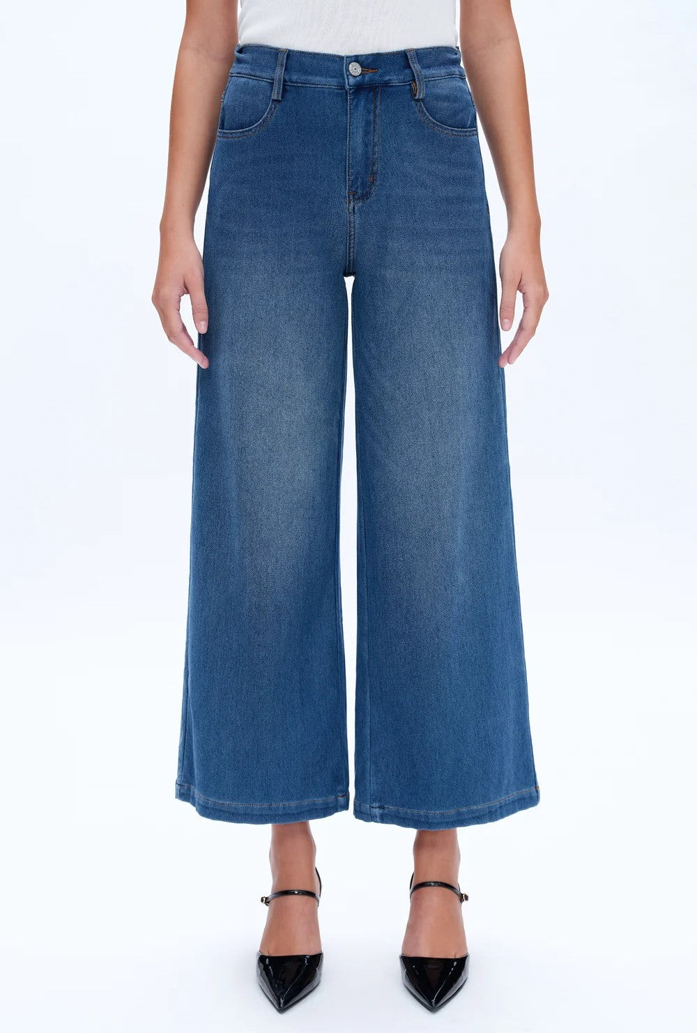 MEDIUM BLUE HIGH RISE WIDE LEG STRETCHY KNIT BLUEBELL JEANS
