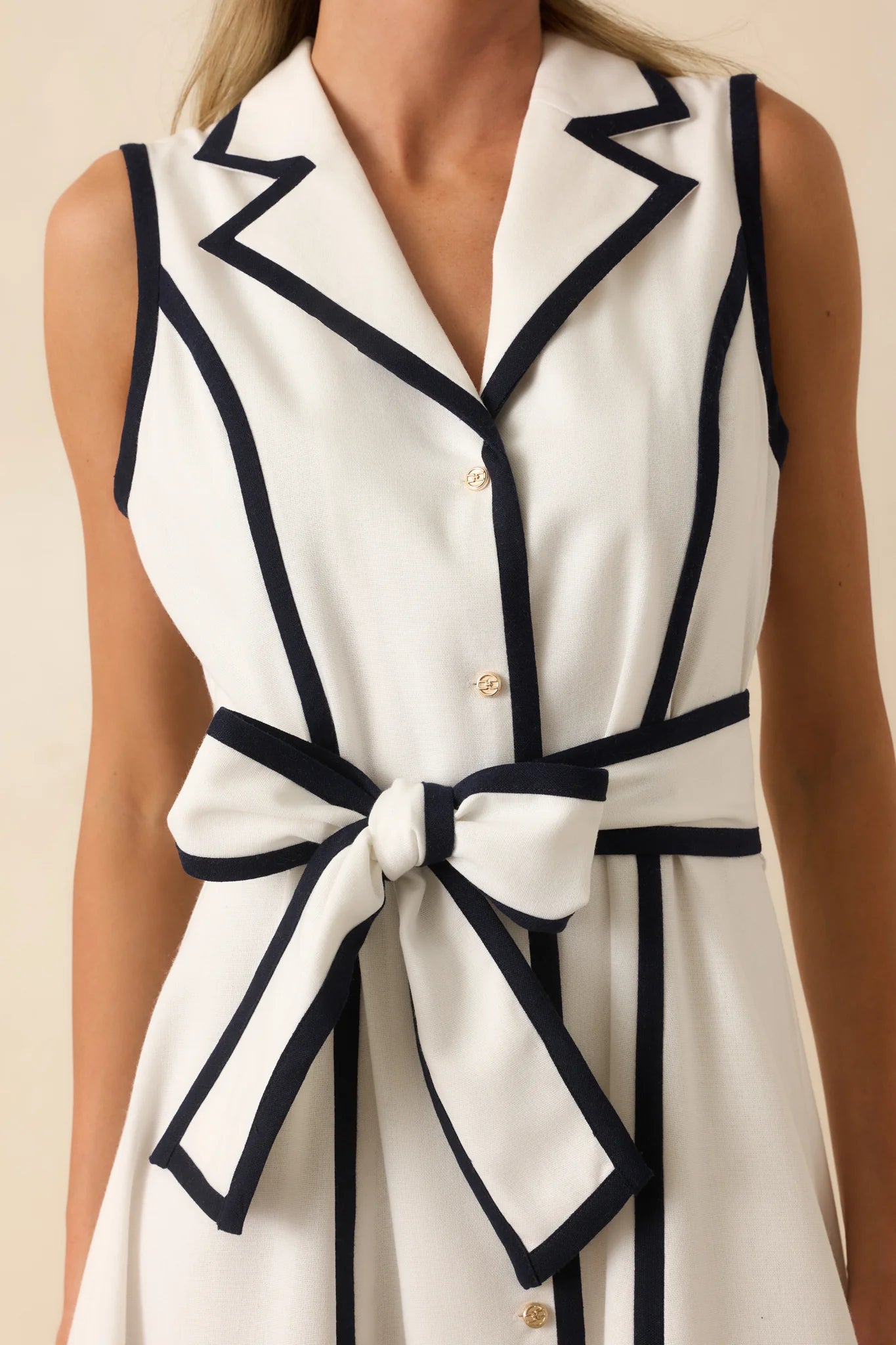 WHITE/NAVY CONTRAST LINEN BLEND SIMONNE MIDI DRESS