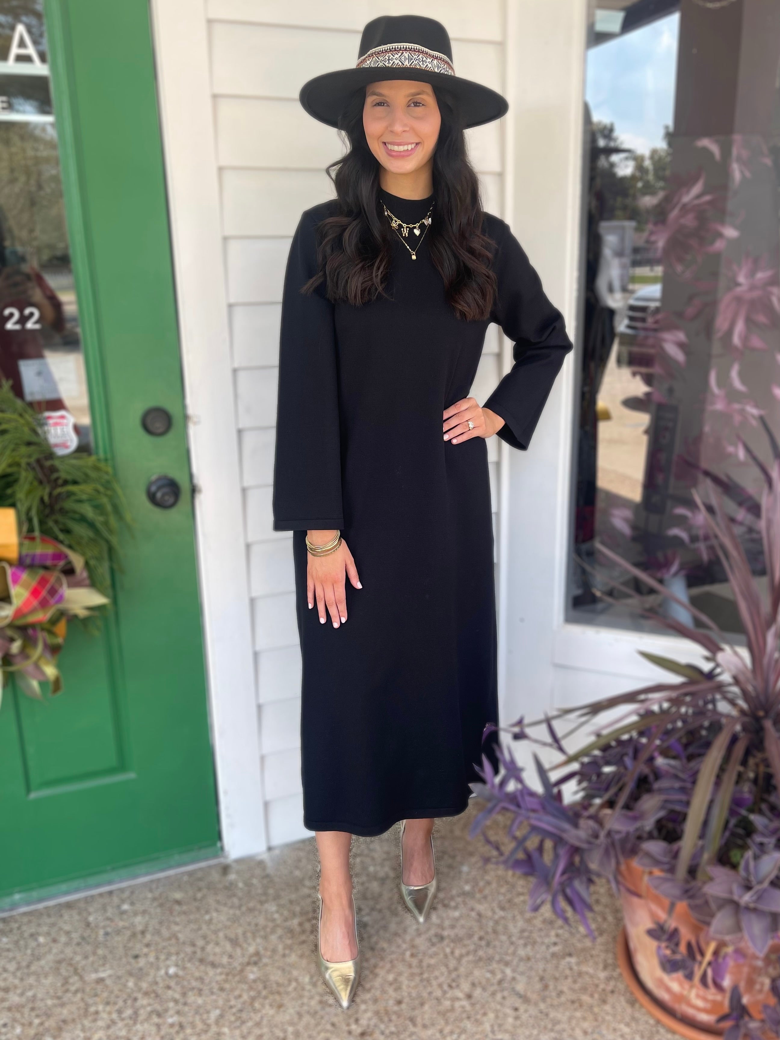 BLACK MOCK NECK LONG SLEEVE KNIT MIDI DRESS
