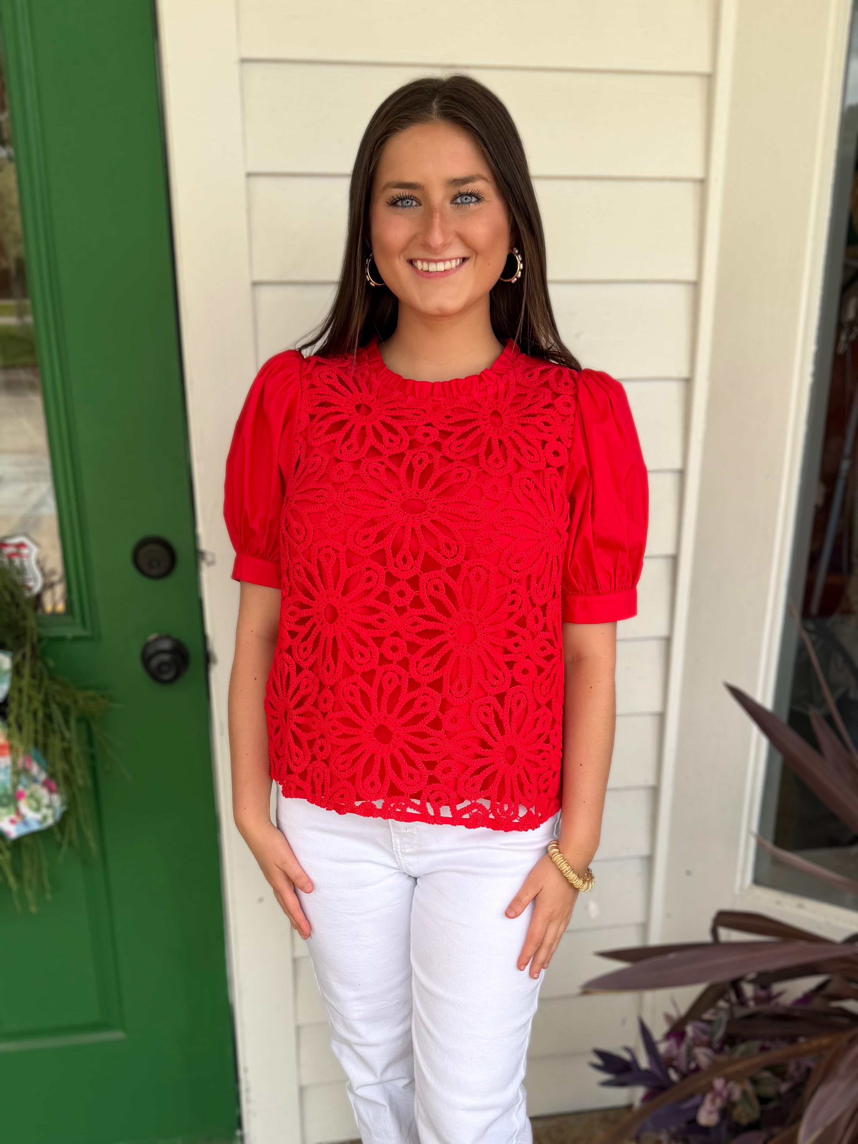 RED CROCHET LACE DETAIL SHORT PUFF SLEEVE TOP