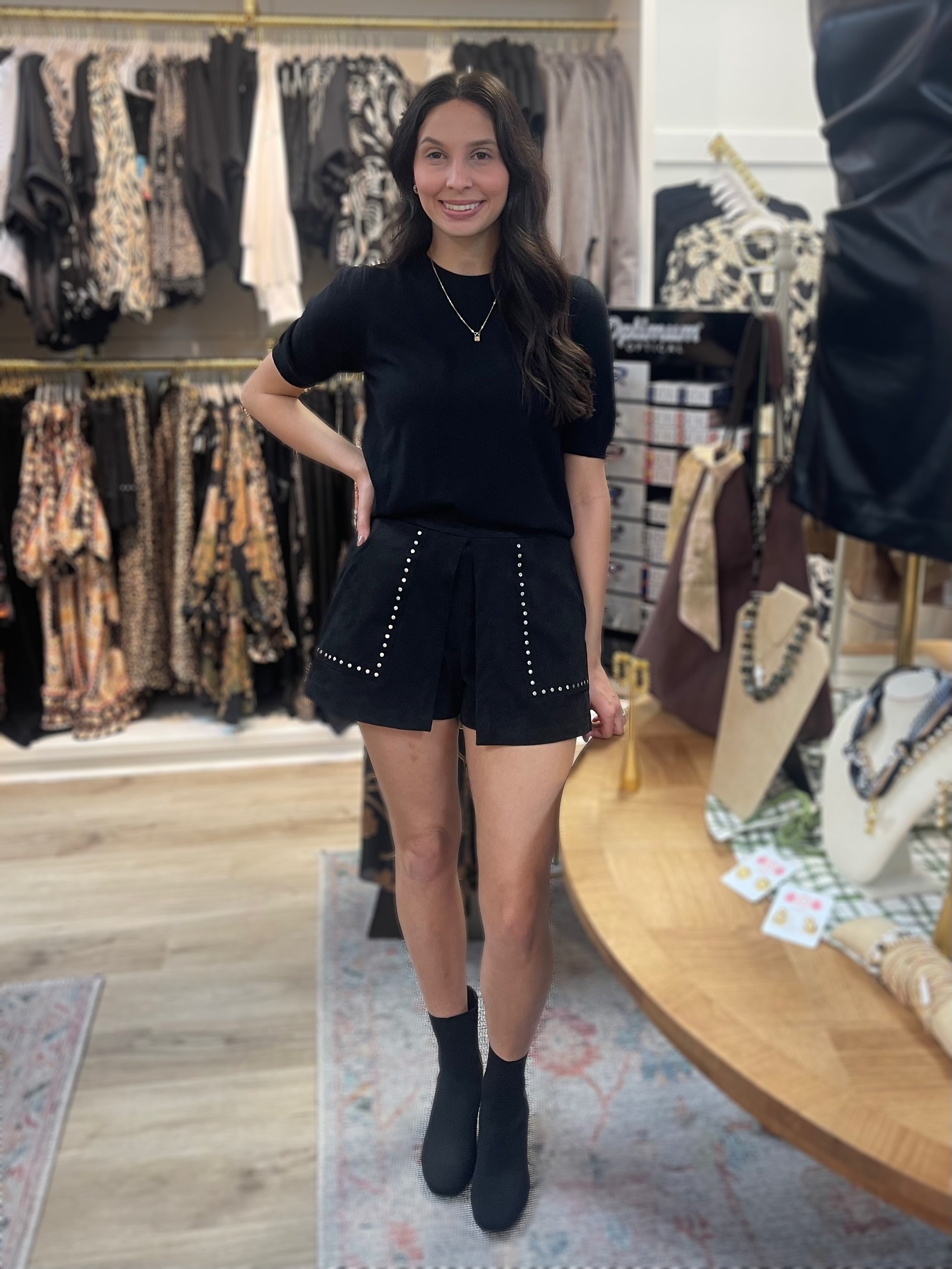 BLACK STUDDED SUEDE HIGH WAIST SKORT