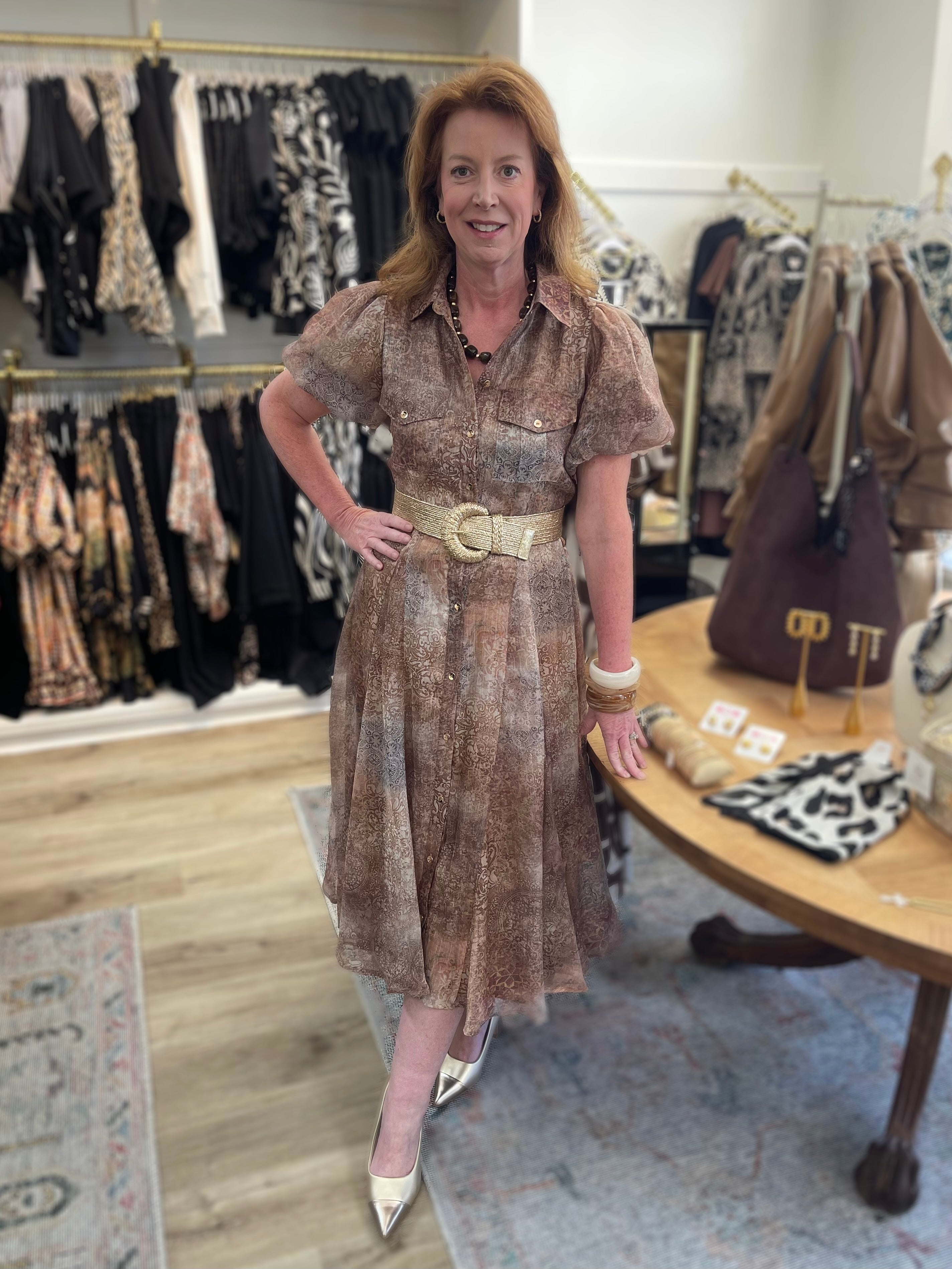 RUST MULTI PRINTED BUTTON UP SHORT PUFF SLEEVE MIDI DRESS