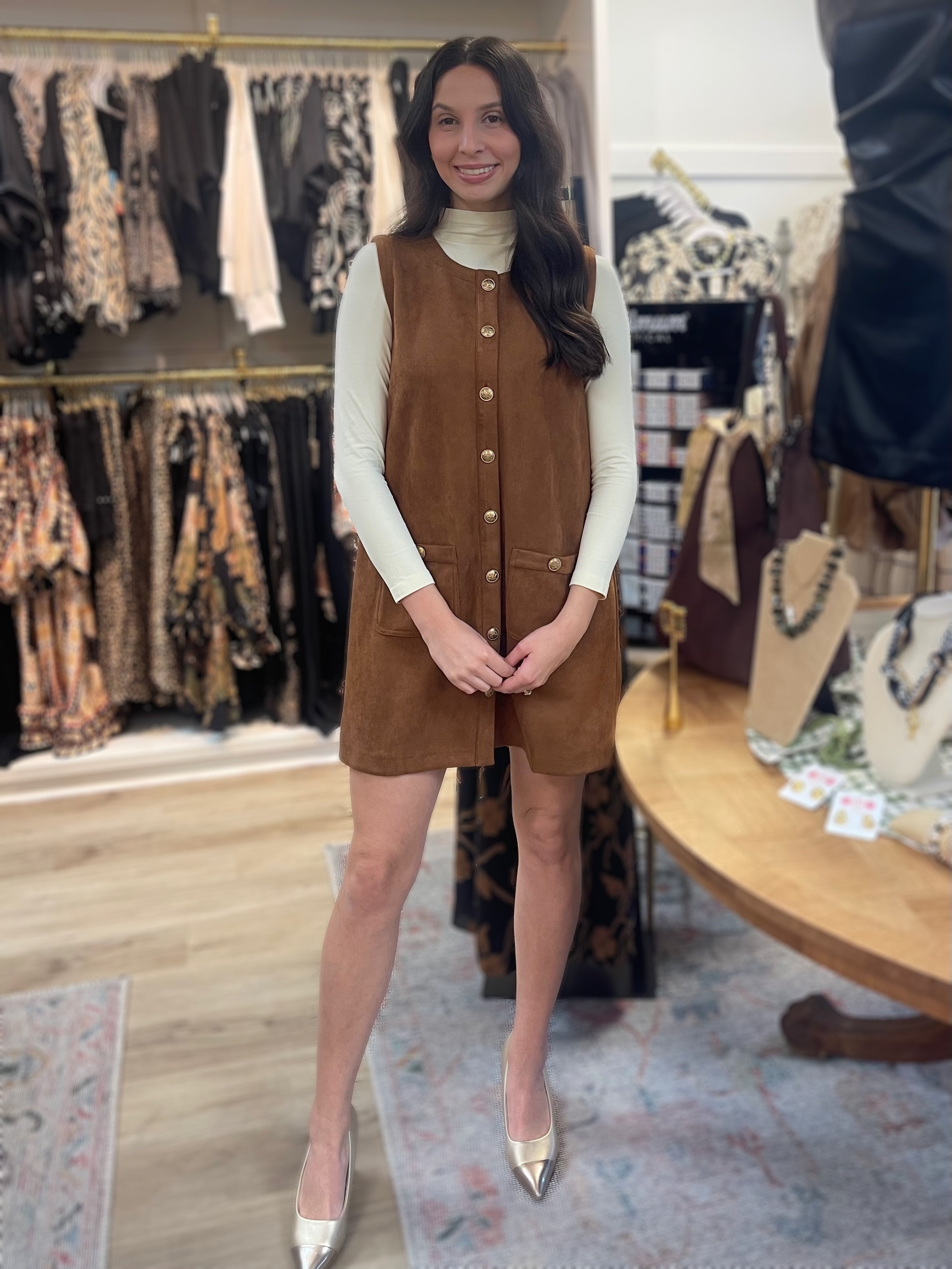 CAMEL SUEDE SLEEVELESS BUTTON UP SHIFT MINI DRESS