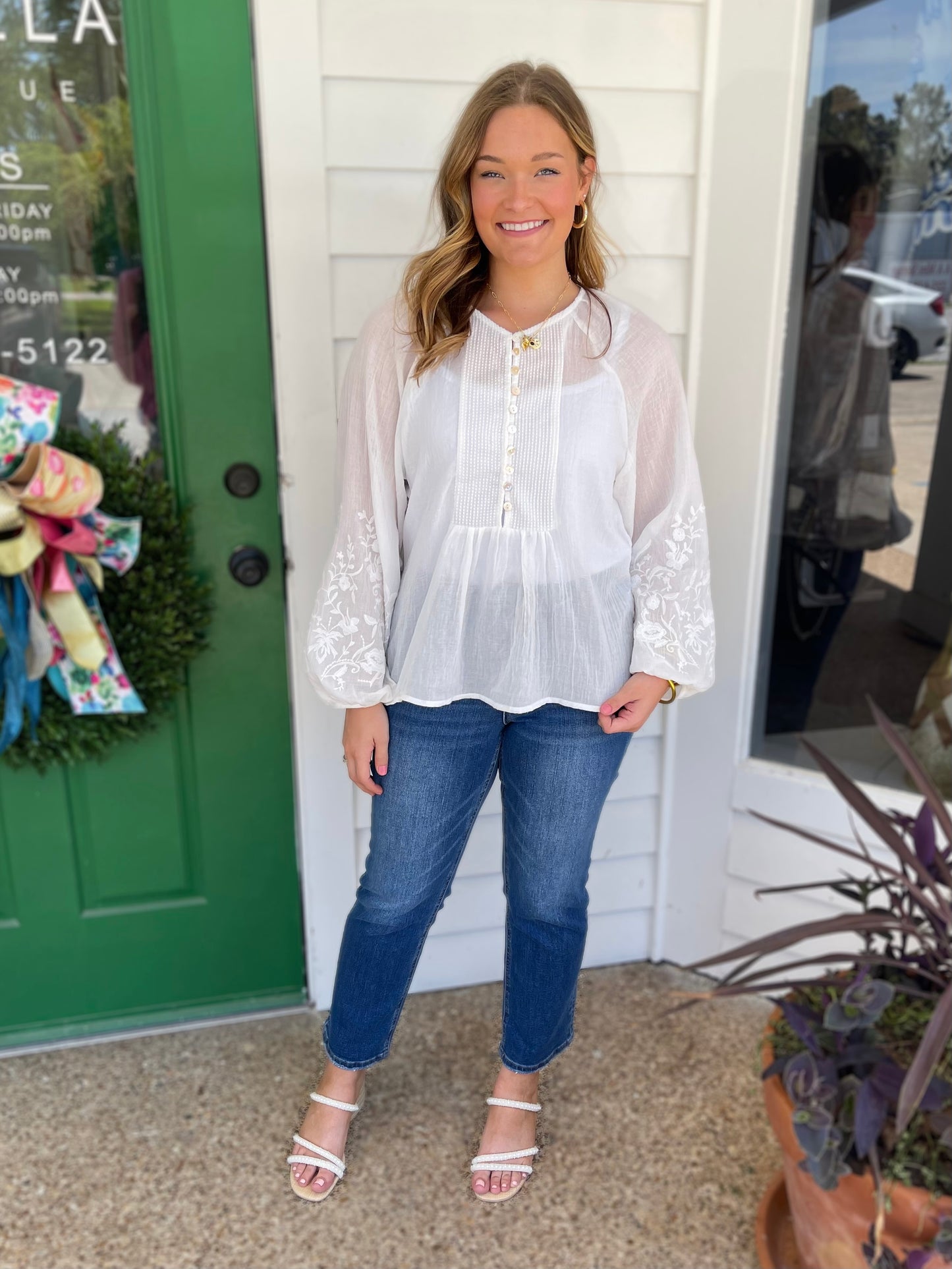 WHITE EMBROIDERY DETAIL LONG SLEEVE BLOUSE