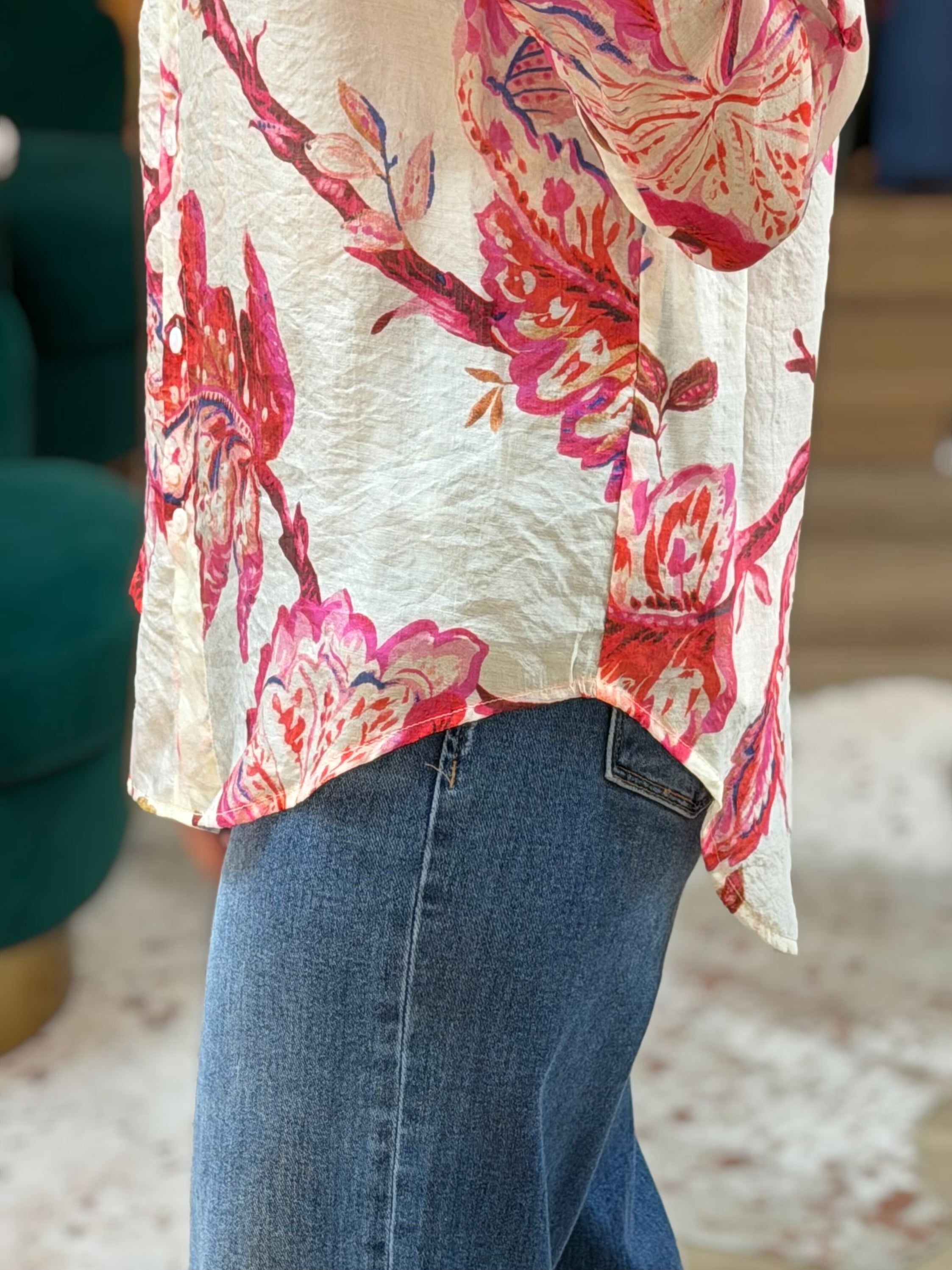 PINK MULTI FLORAL PRINT LONG SLEEVE BUTTON UP TOP