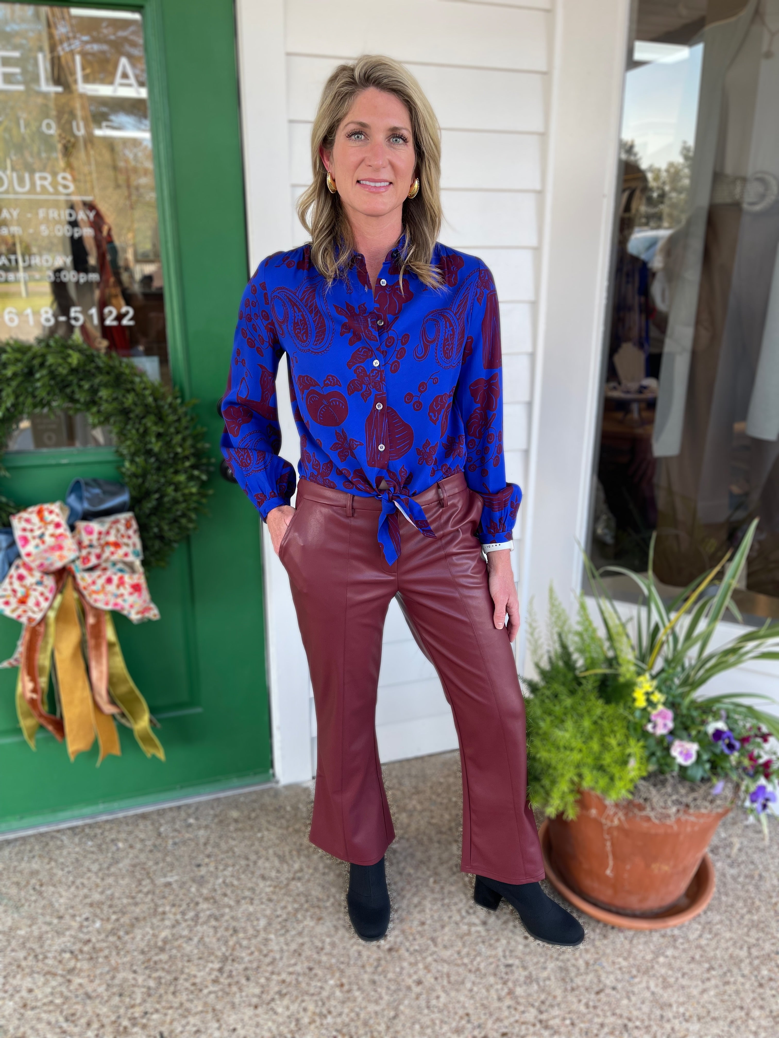 WINE FAUX LEATHER PINTUCK FLARE PANTS