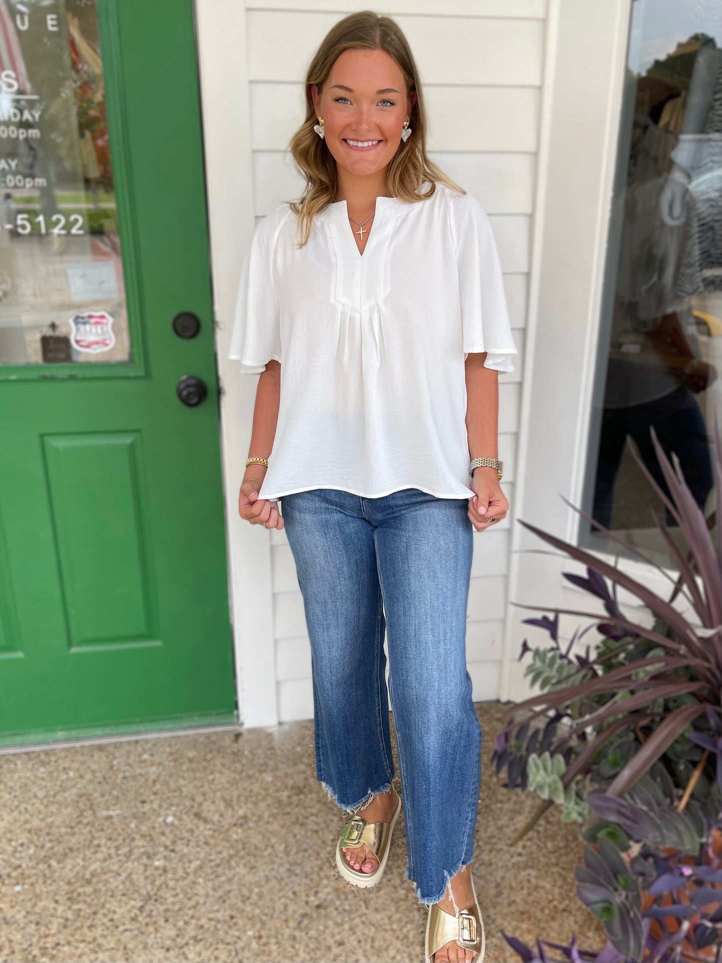 WHITE SLIT NECK HALF CAPE SLEEVE FLOWY BLOUSE