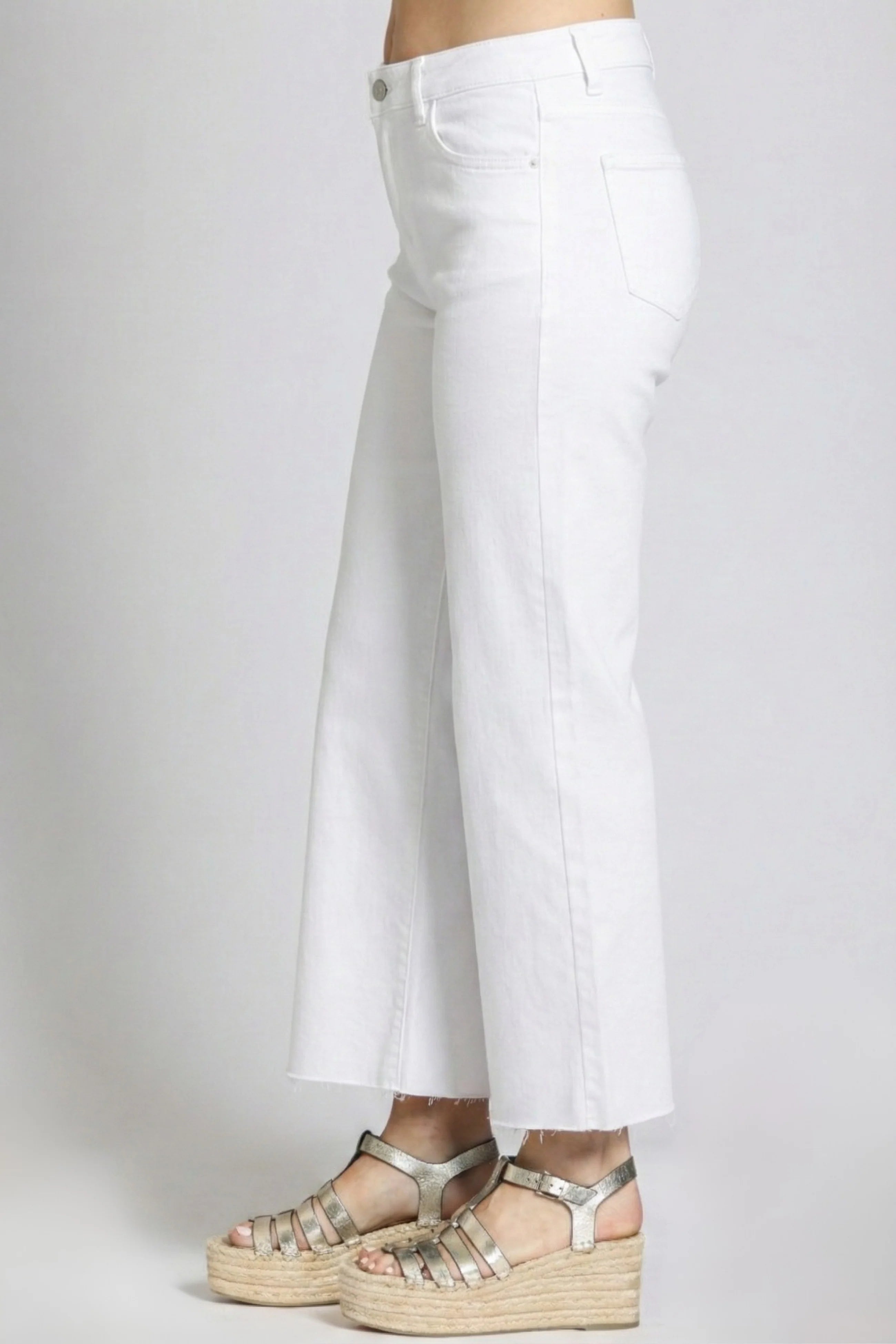 WHITE MID-RISE RAW HEM CROPPED WIDE LEG JEANS