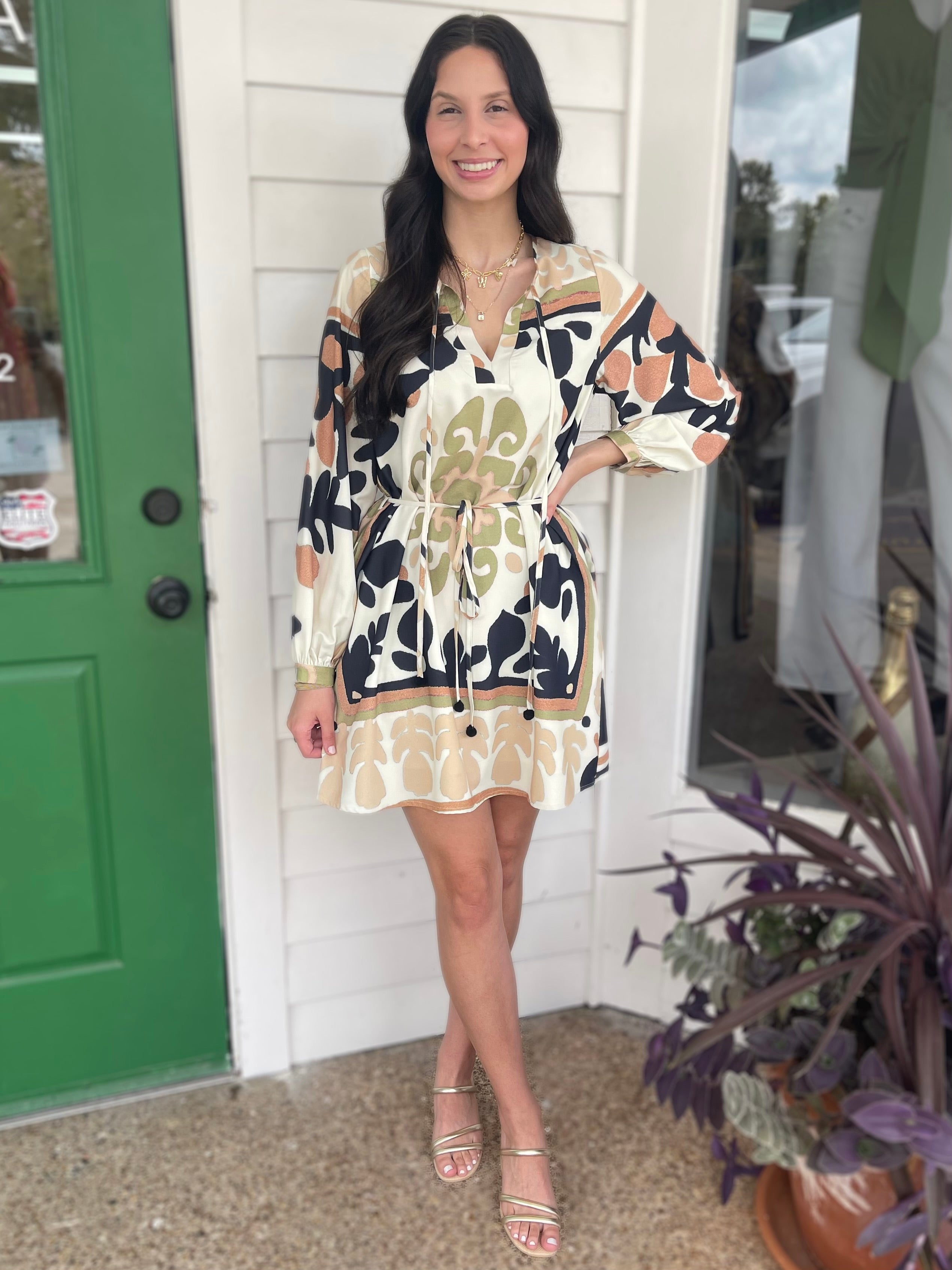 BROWN MULTI PRINTED JEINNY MINI HOUSE DRESS