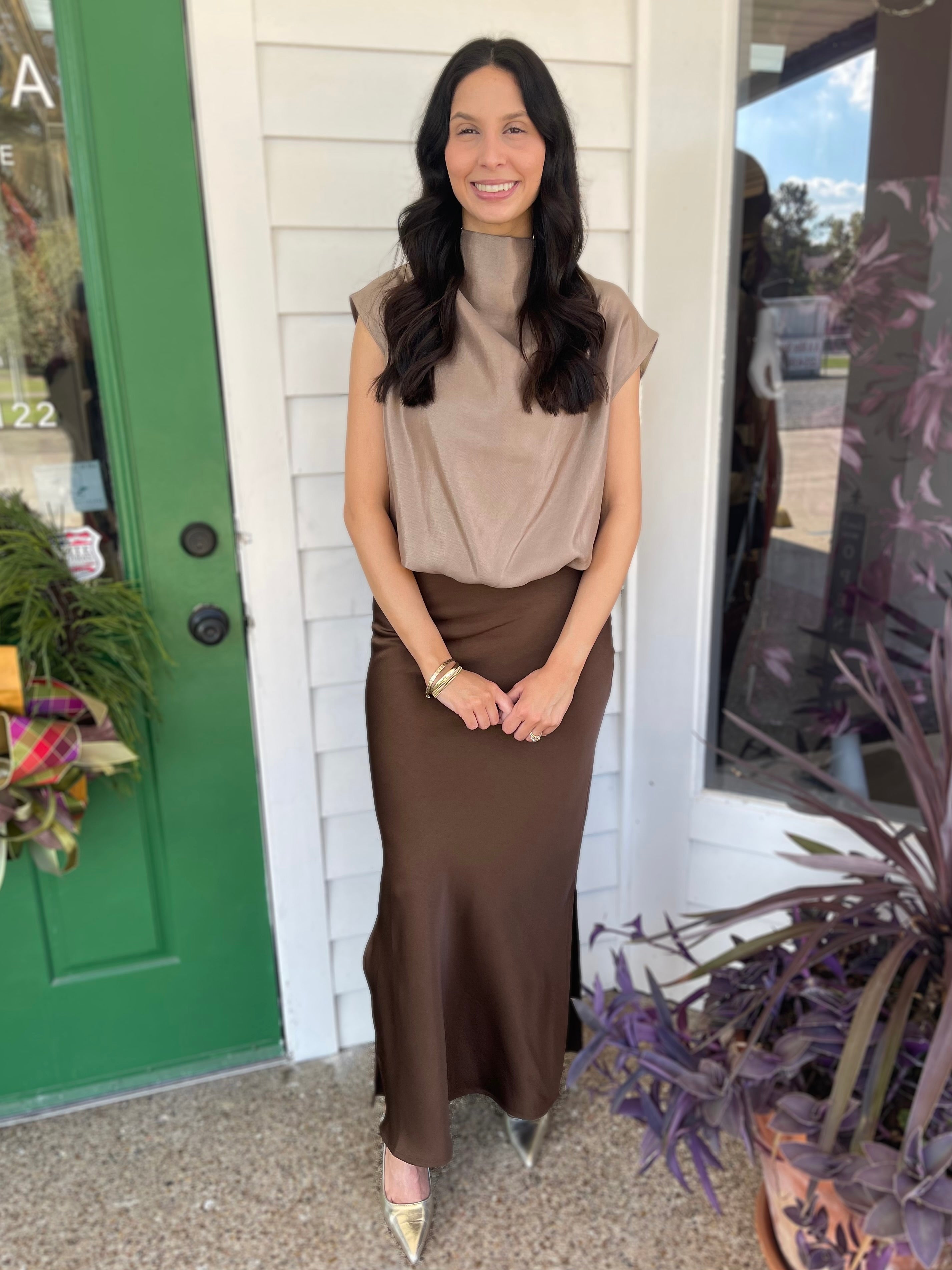 BROWN SATIN SIDE-SLIT MIDI SKIRT