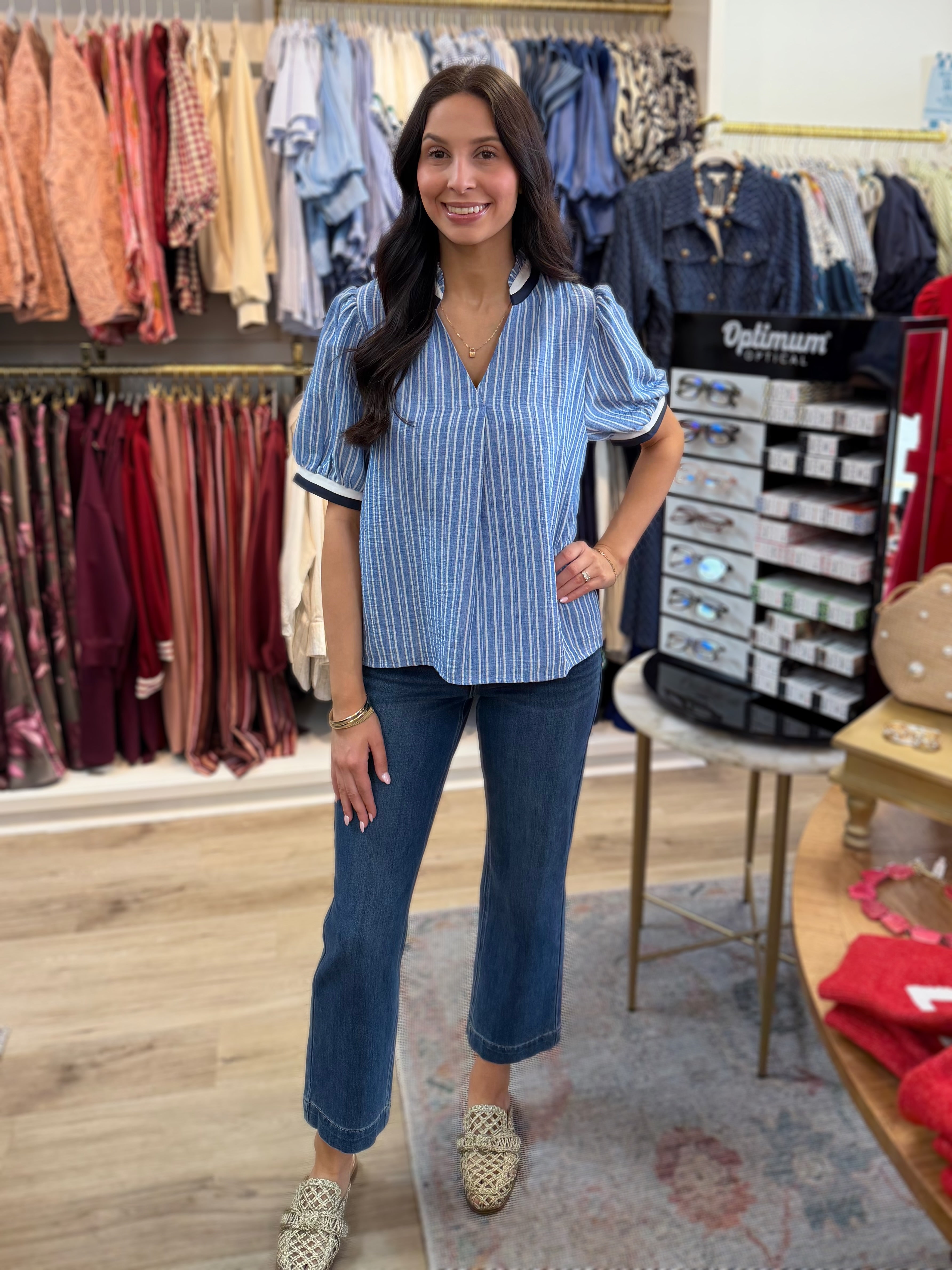 BLUE CONTRAST BANDING STRIPED VNECK SHORT SLEEVE TOP