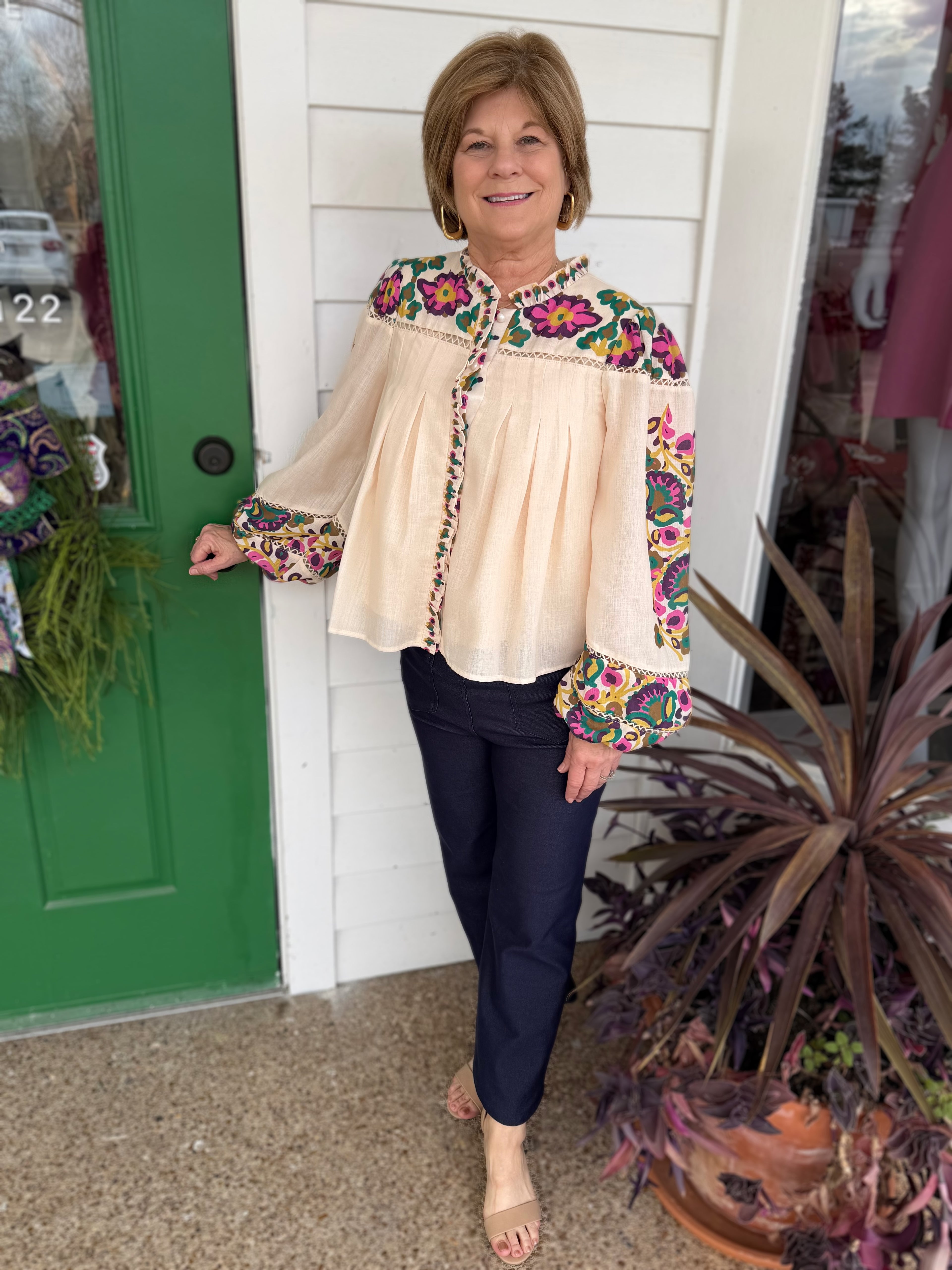 CREAM MULTI FLORAL PRINT LADDER TRIM RUFFLED PLACKET LONG SLEEVE ISME BLOUSE
