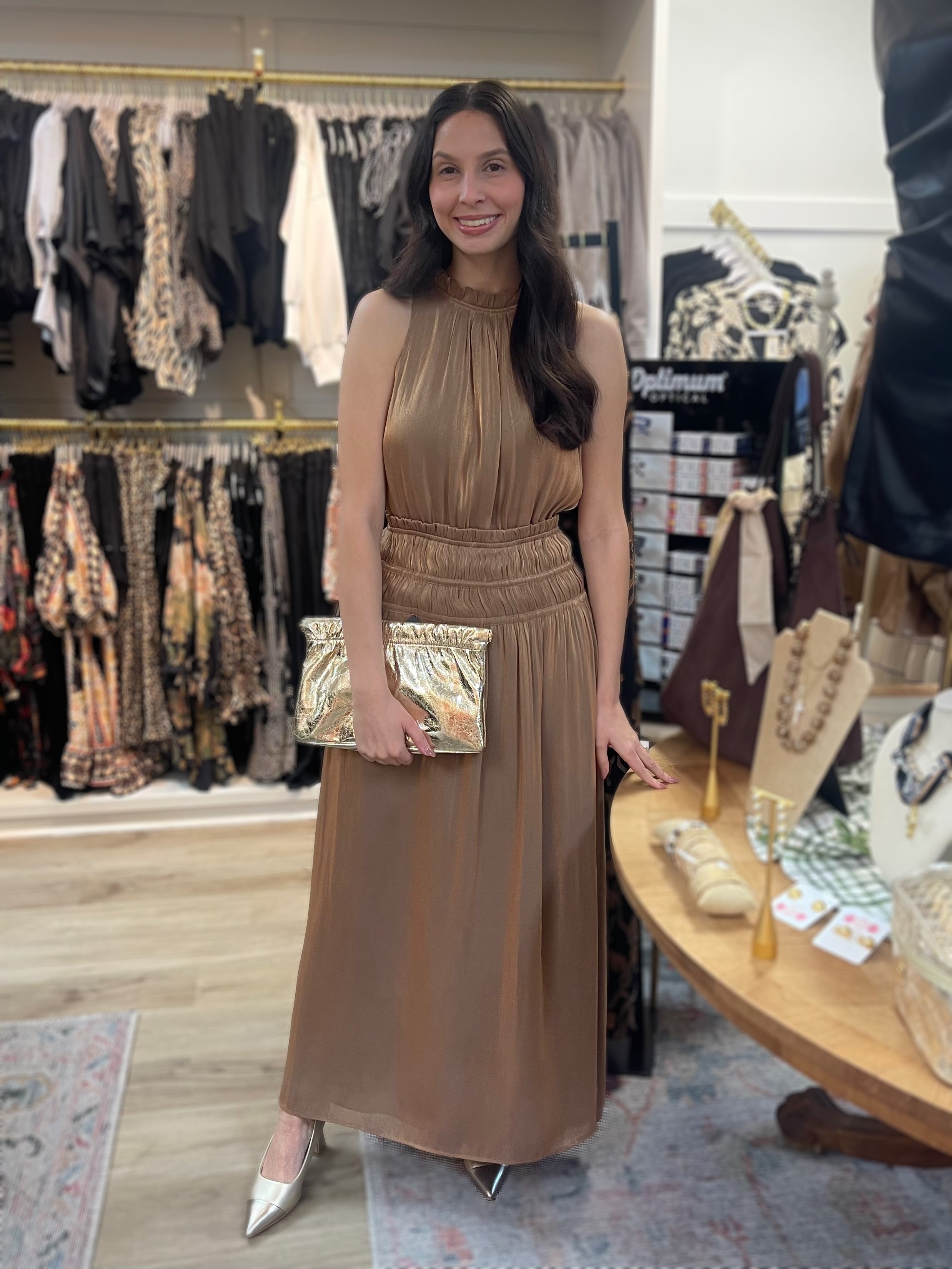 METALLIC GOLD SLEEVELESS SMOCKED WAIST MAXI DRESS