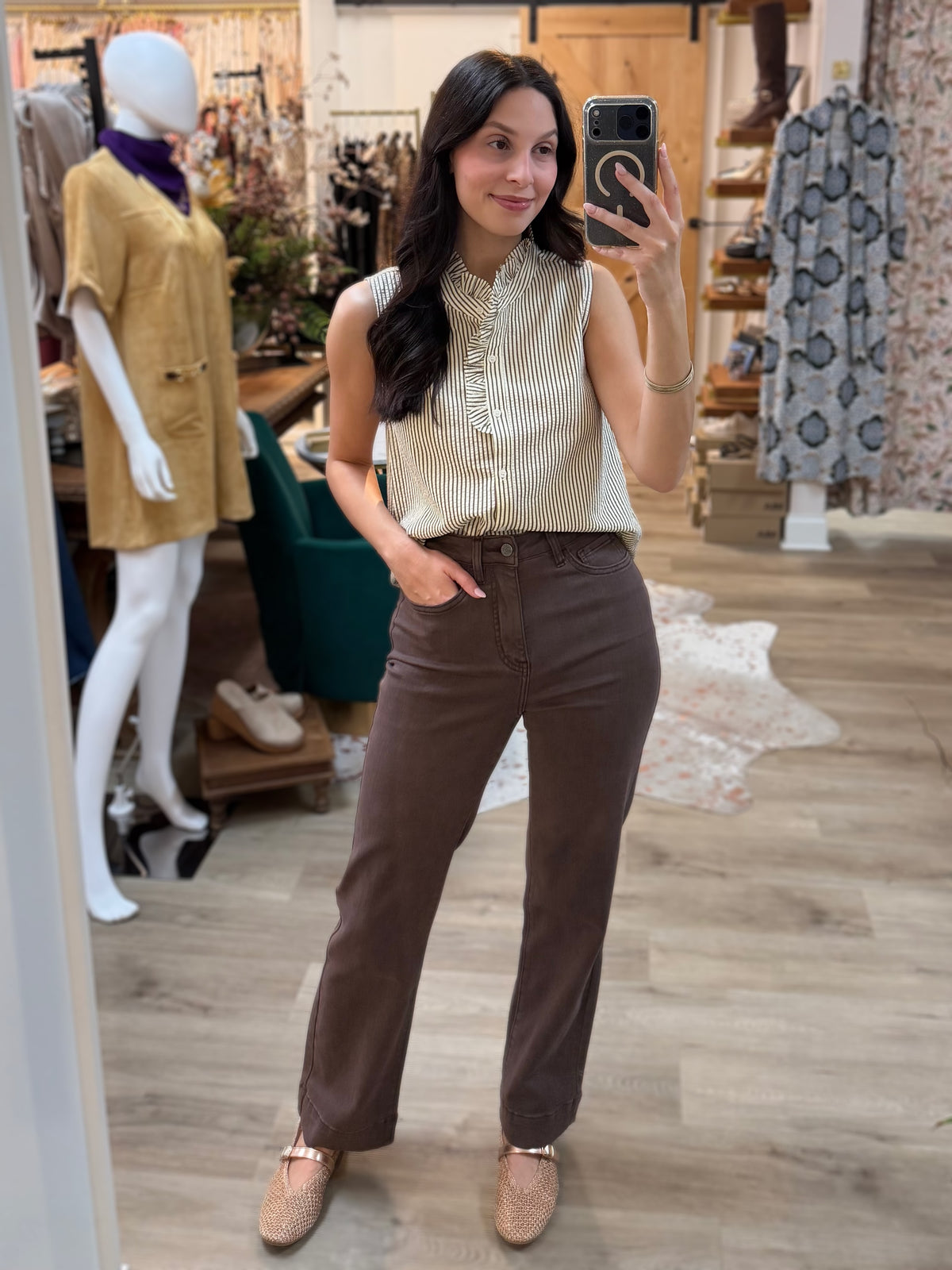 TAUPE STRIPED FRILL DETAIL SLEEVELESS BUTTON UP TOP