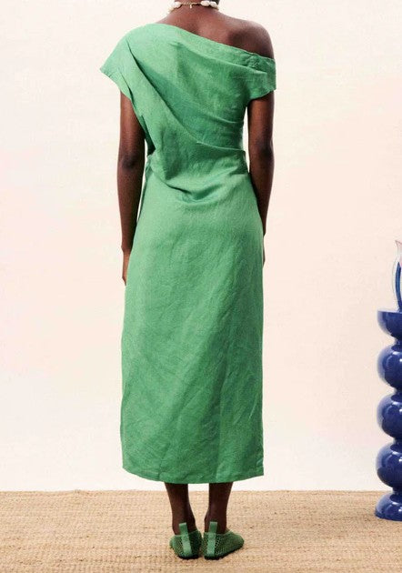 GREEN FITTED ASYMMETRICAL MORERE MIDI DRESS