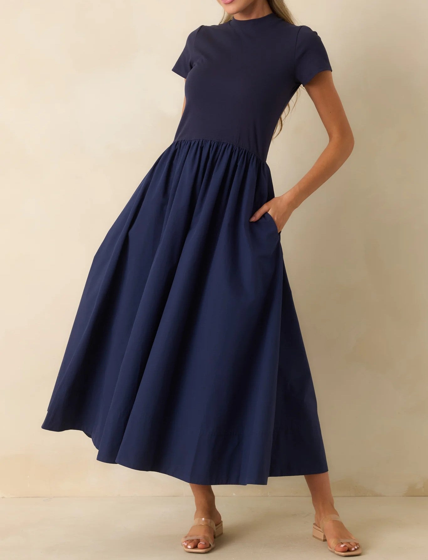 NAVY COTTON SHORT SLEEVE MIXED MEDIA ARIA MIDI DRESS