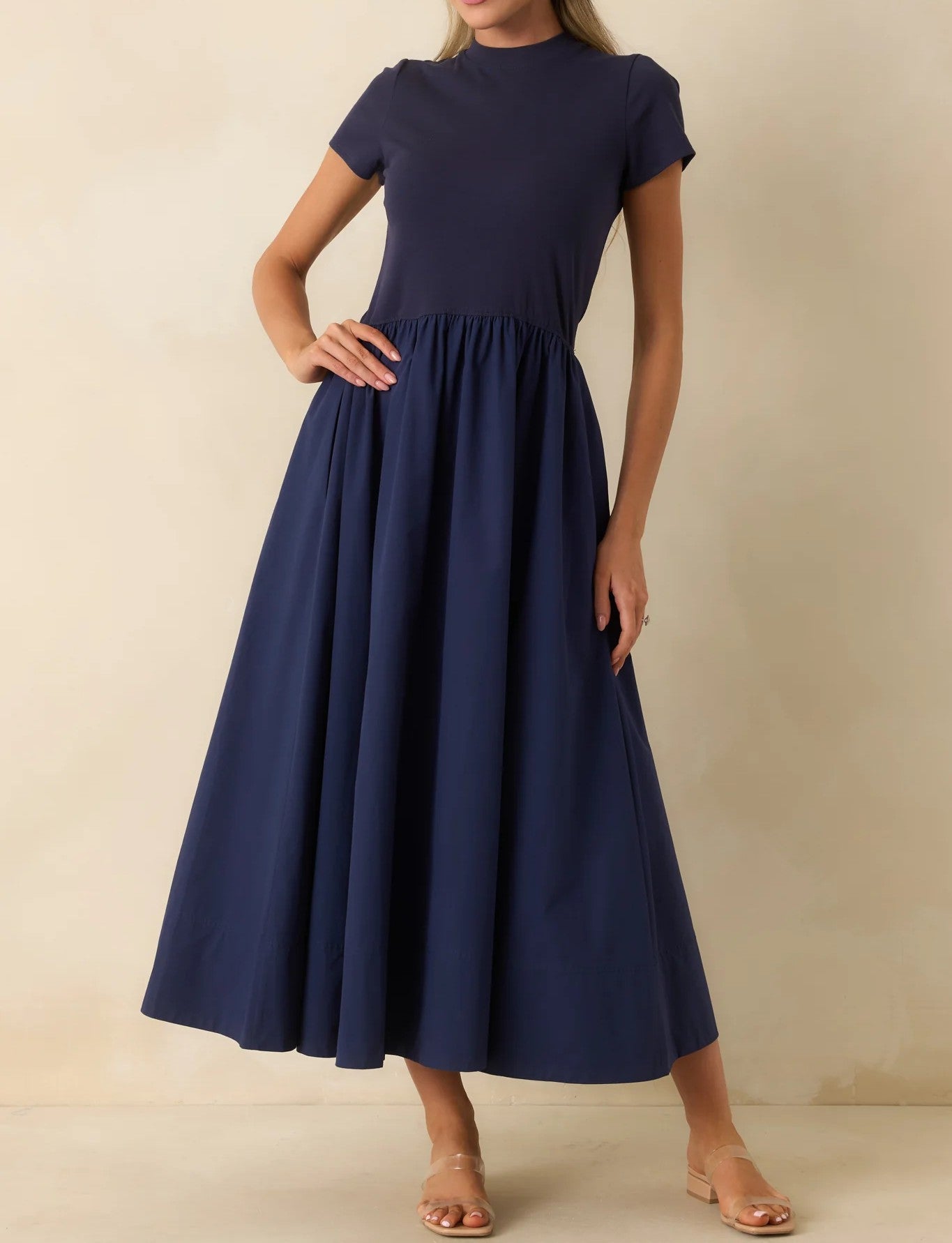 NAVY COTTON SHORT SLEEVE MIXED MEDIA ARIA MIDI DRESS