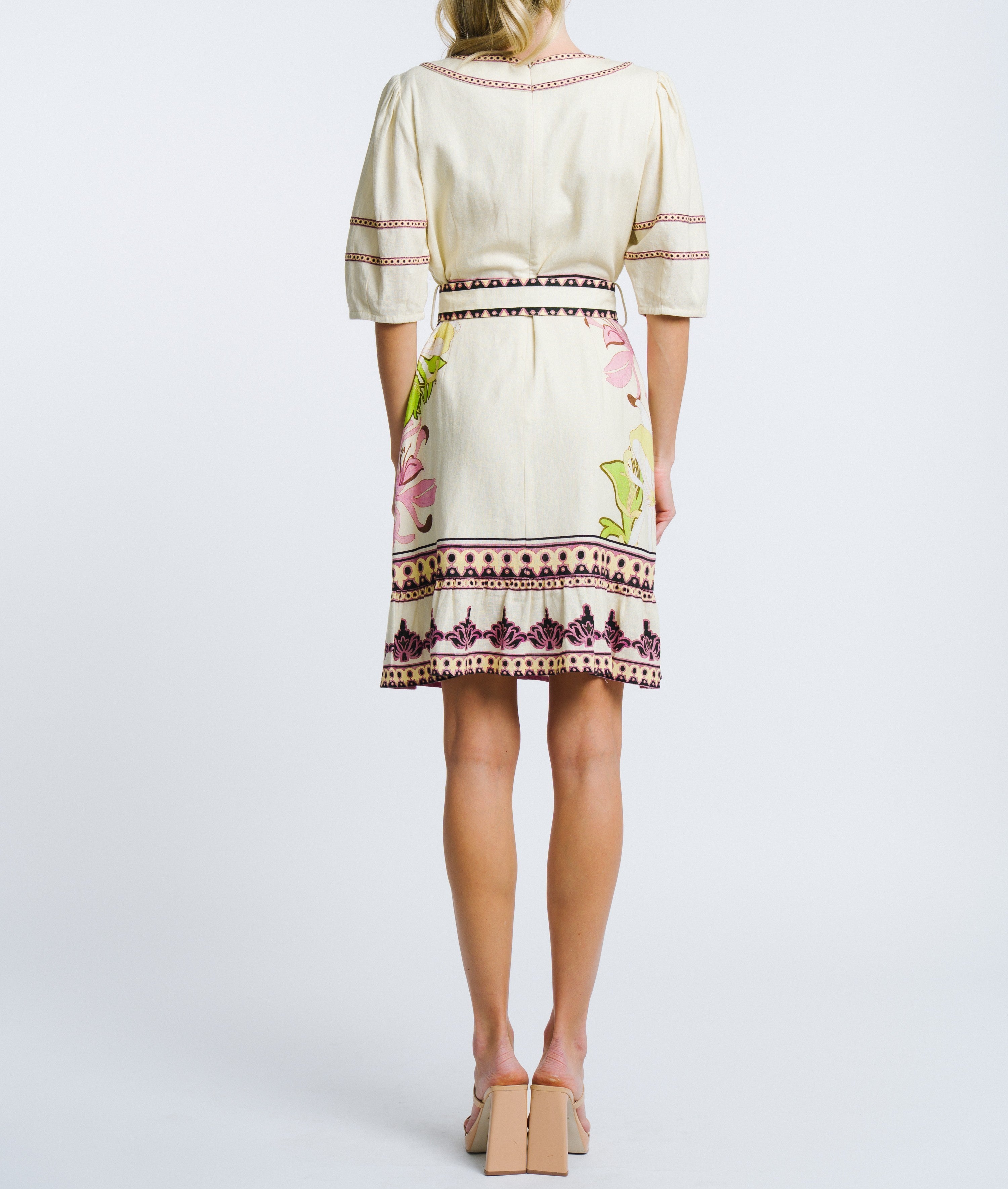 CREAM MULTI FLORAL PRINT BELTED IVY MINI DRESS