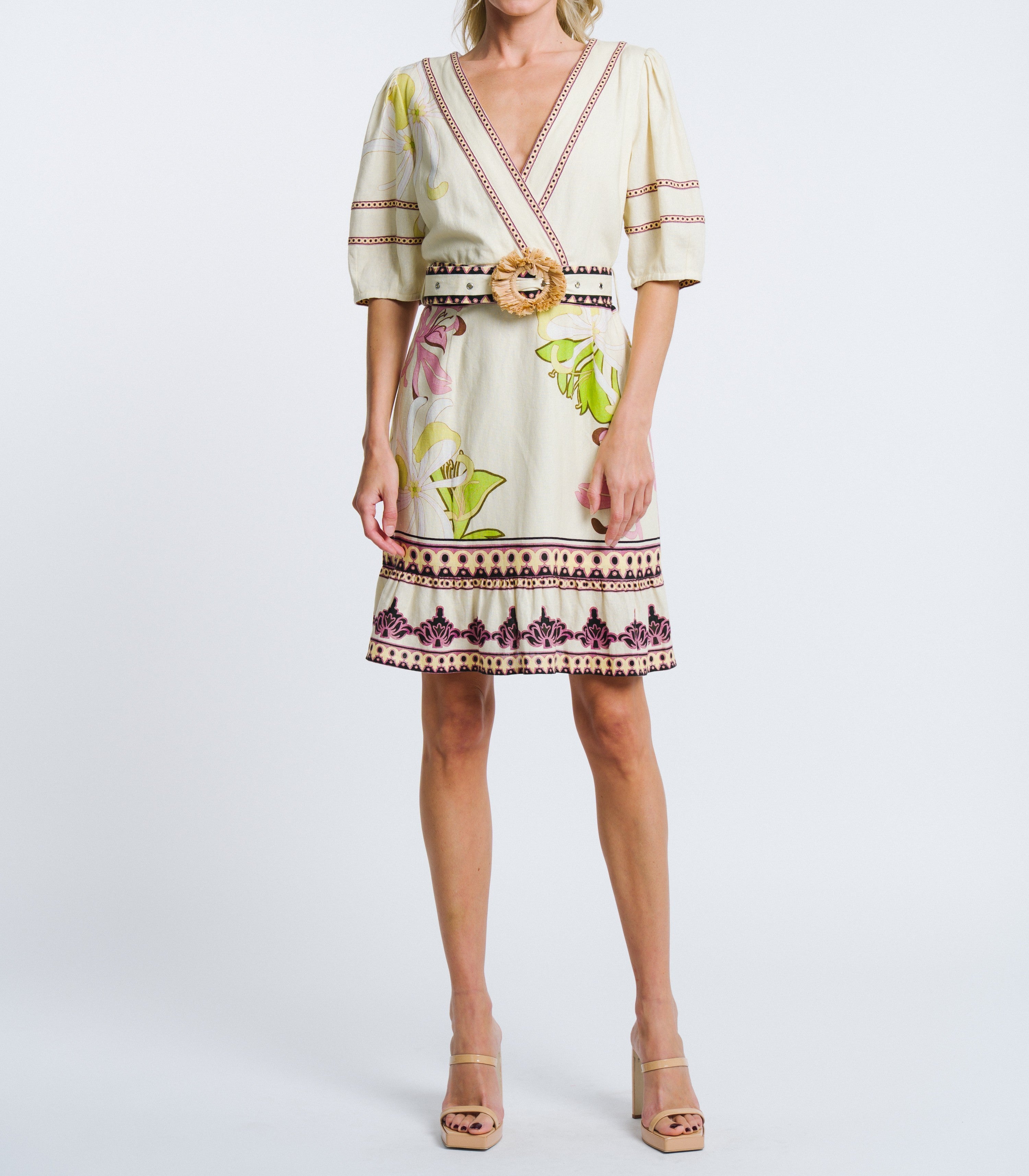 CREAM MULTI FLORAL PRINT BELTED IVY MINI DRESS