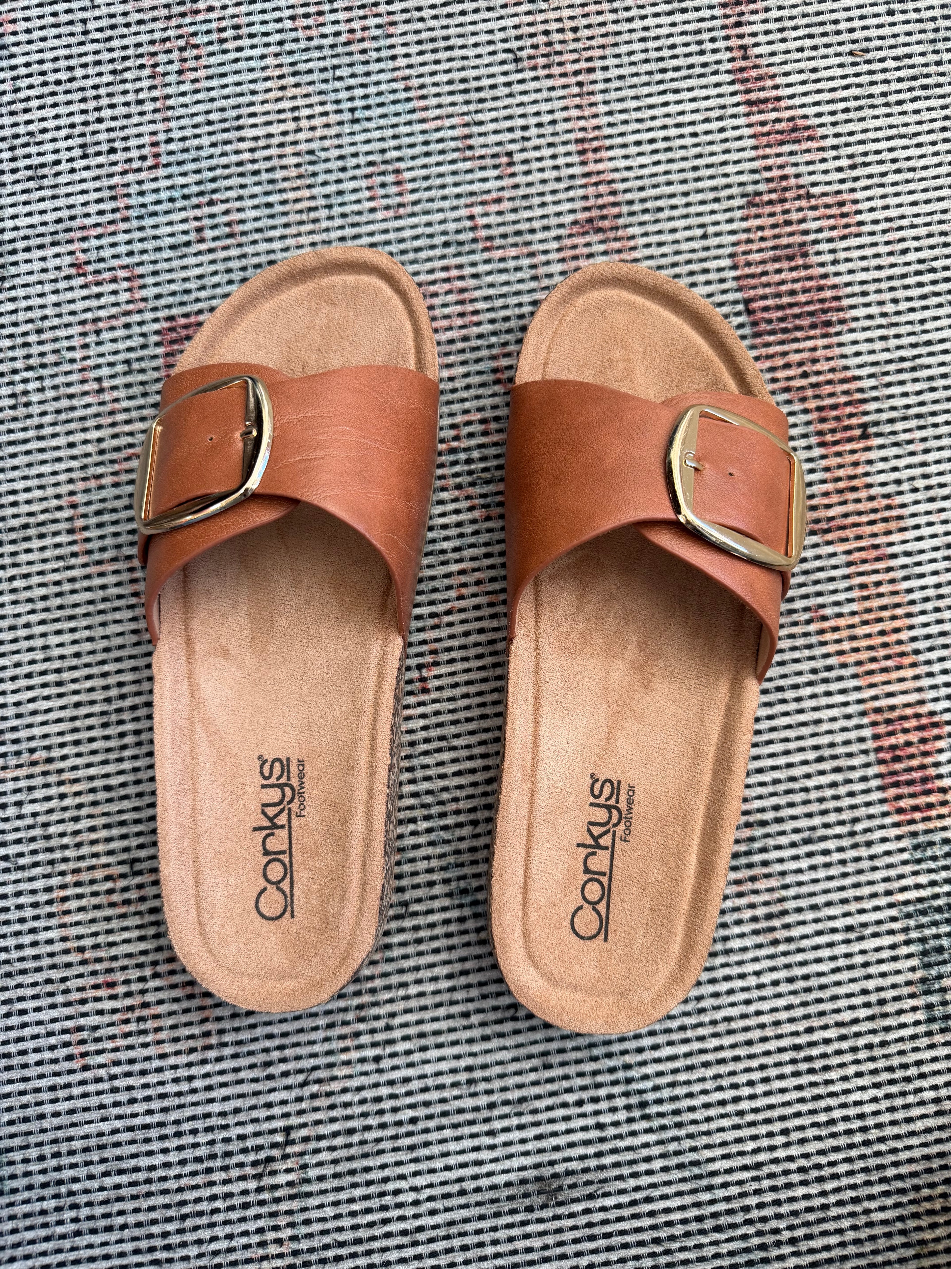 COGNAC WIDE FAUX LEATHER GOLD BUCKLE STRAP SLIP ON SANDAL