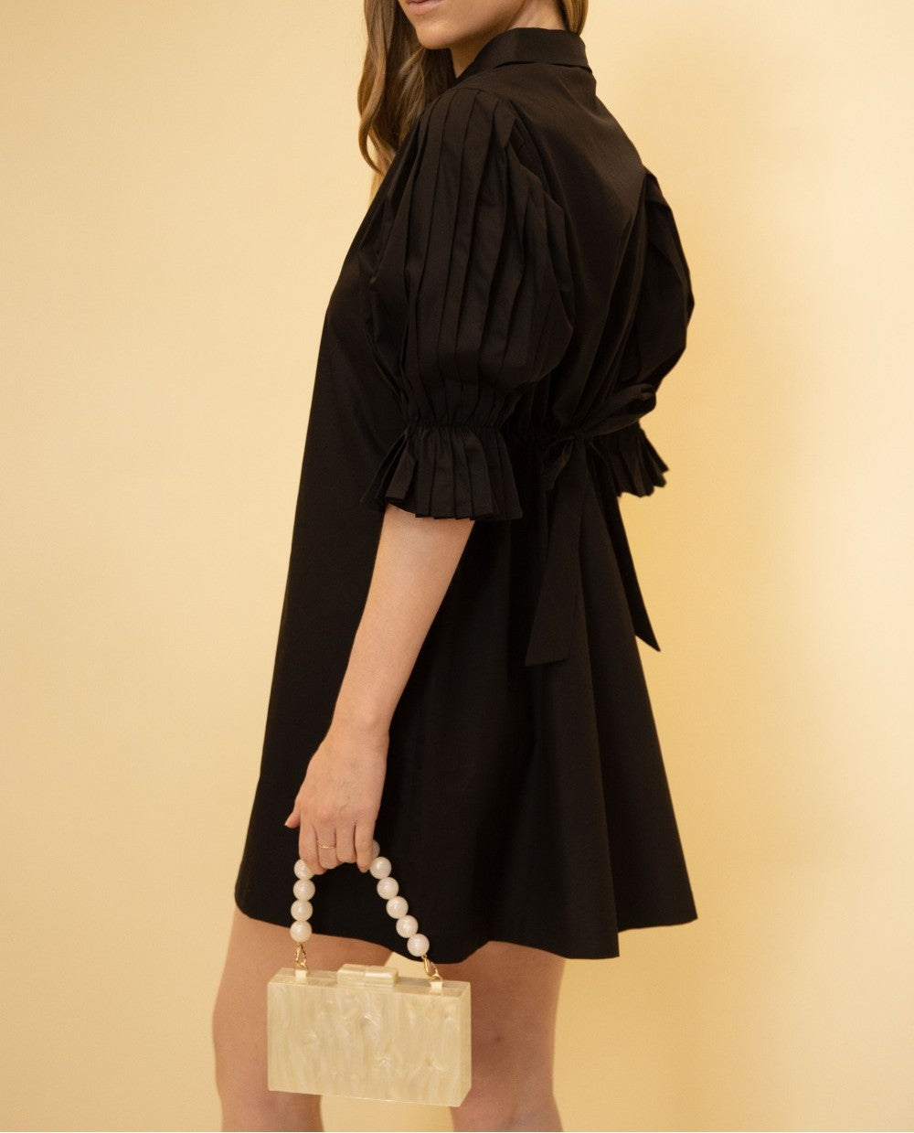 BLACK POPLIN PLEATED SLEEVE SHIRT DRESS