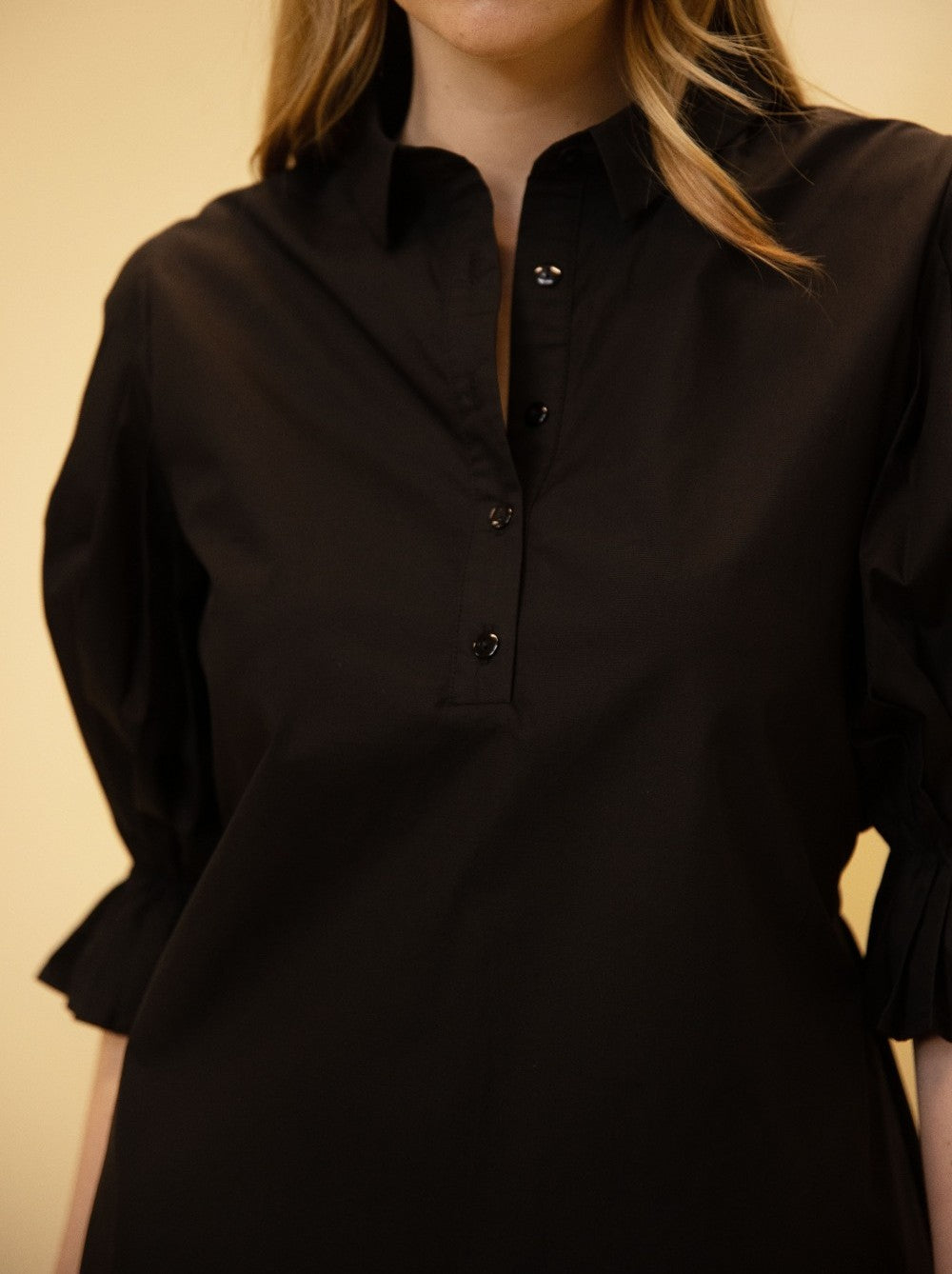 BLACK POPLIN PLEATED SLEEVE SHIRT DRESS