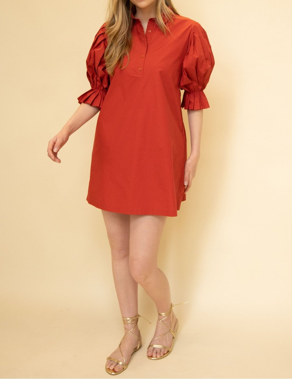 CHERRY RED POPLIN PLEATED SLEEVE SHIRT DRESS