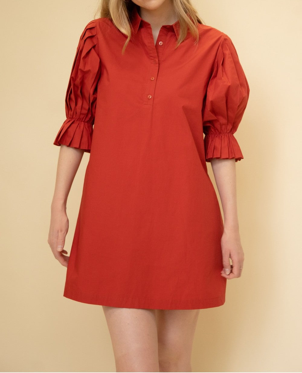 CHERRY RED POPLIN PLEATED SLEEVE SHIRT DRESS