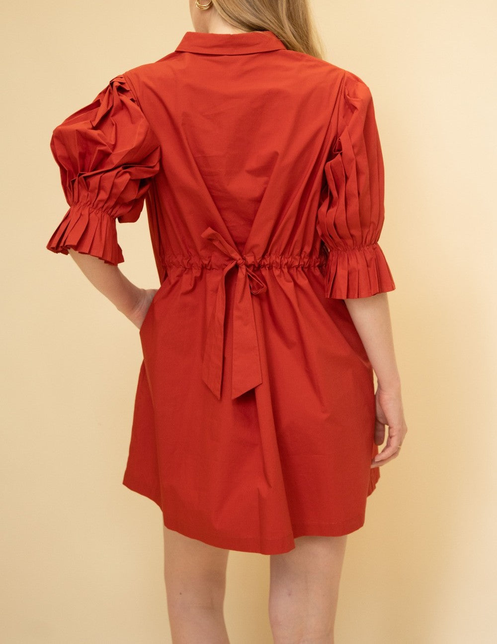 CHERRY RED POPLIN PLEATED SLEEVE SHIRT DRESS