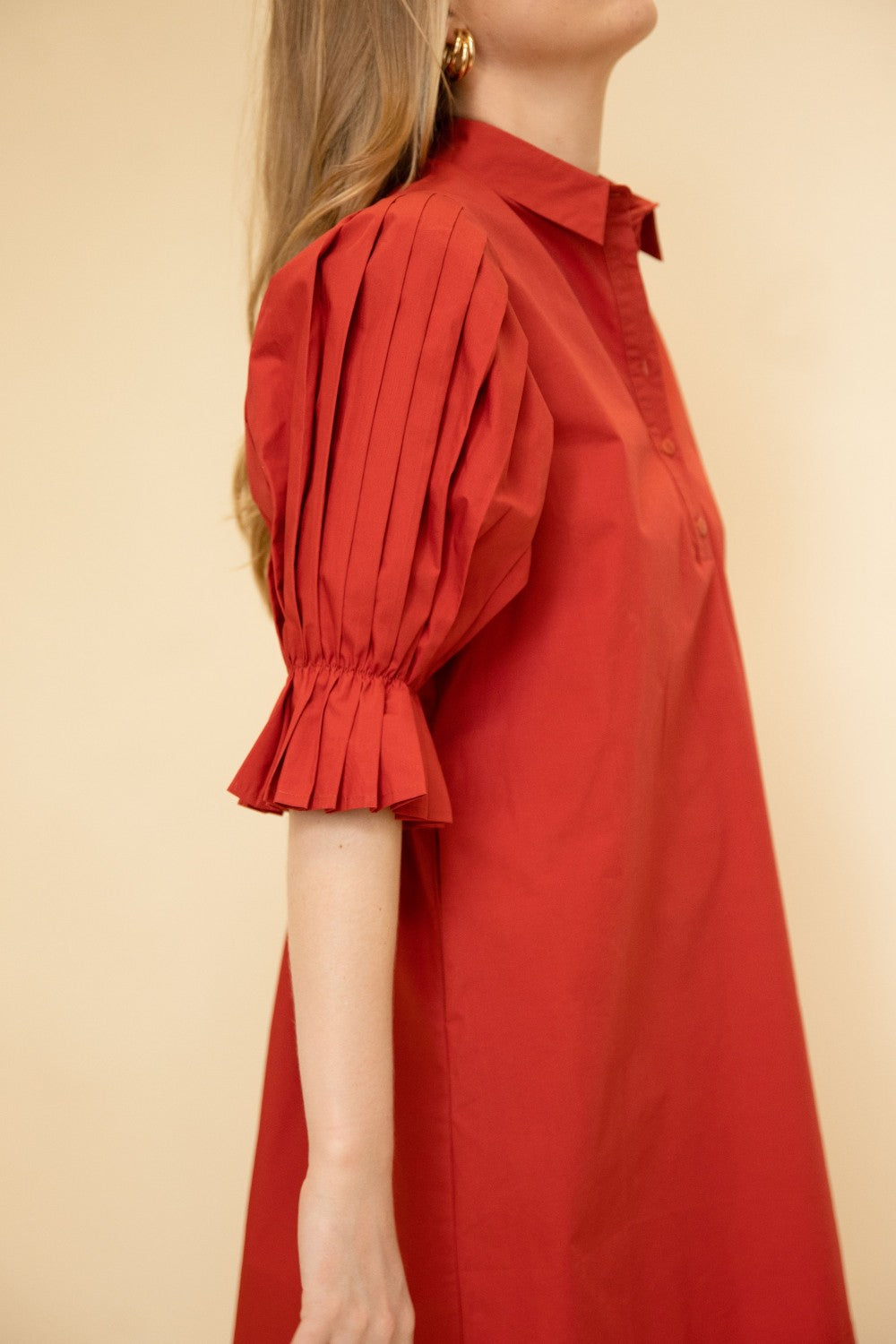 CHERRY RED POPLIN PLEATED SLEEVE SHIRT DRESS