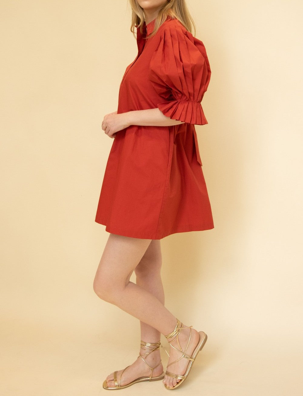 CHERRY RED POPLIN PLEATED SLEEVE SHIRT DRESS