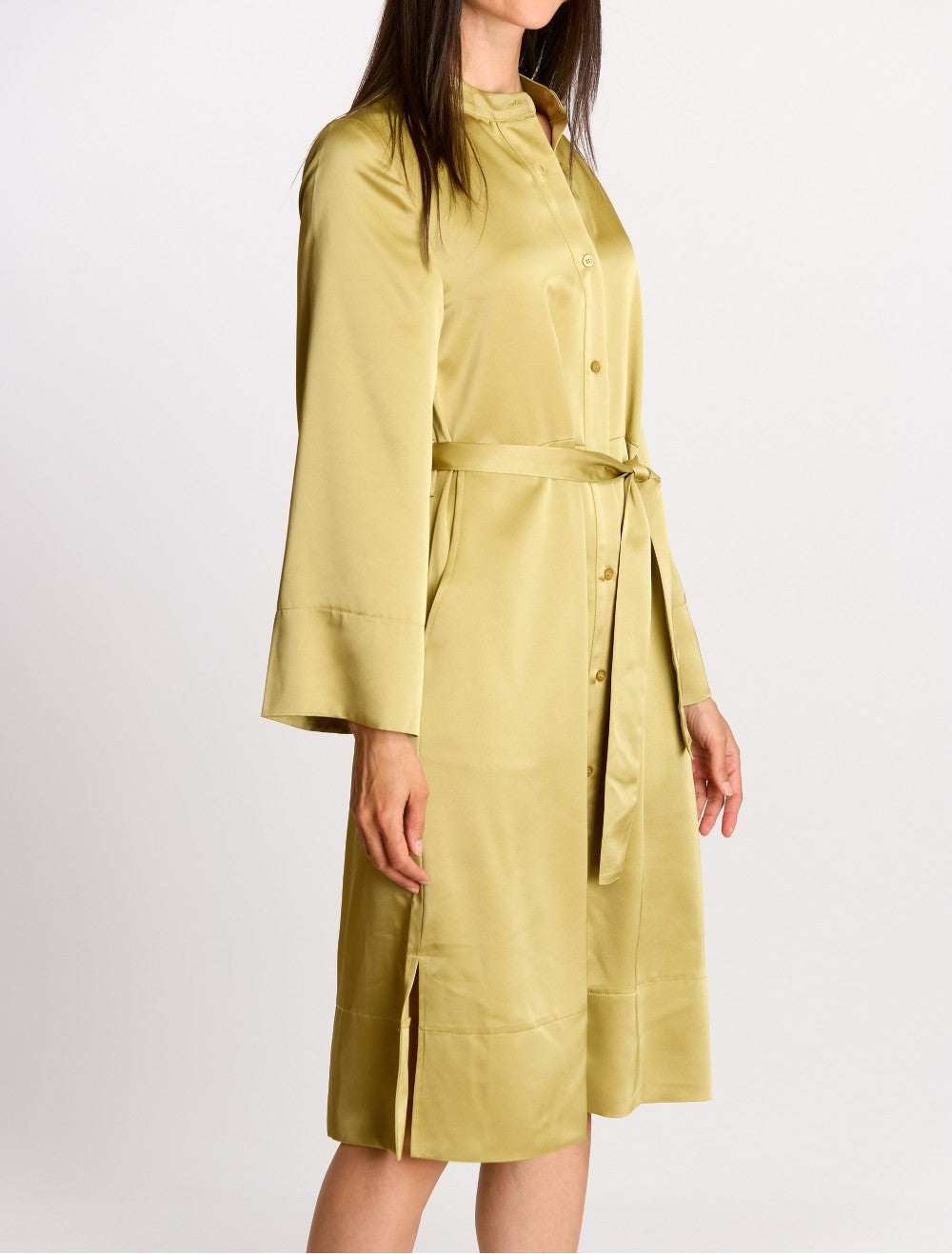 LIGHT MOSS SATIN LONG KIMONO SLEEVE BUTTON UP SHIRT MIDI DRESS