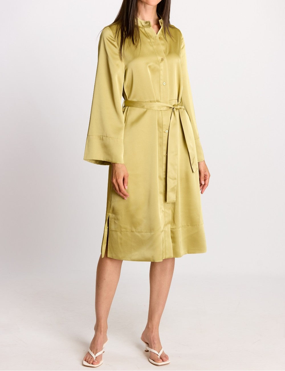 LIGHT MOSS SATIN LONG KIMONO SLEEVE BUTTON UP SHIRT MIDI DRESS