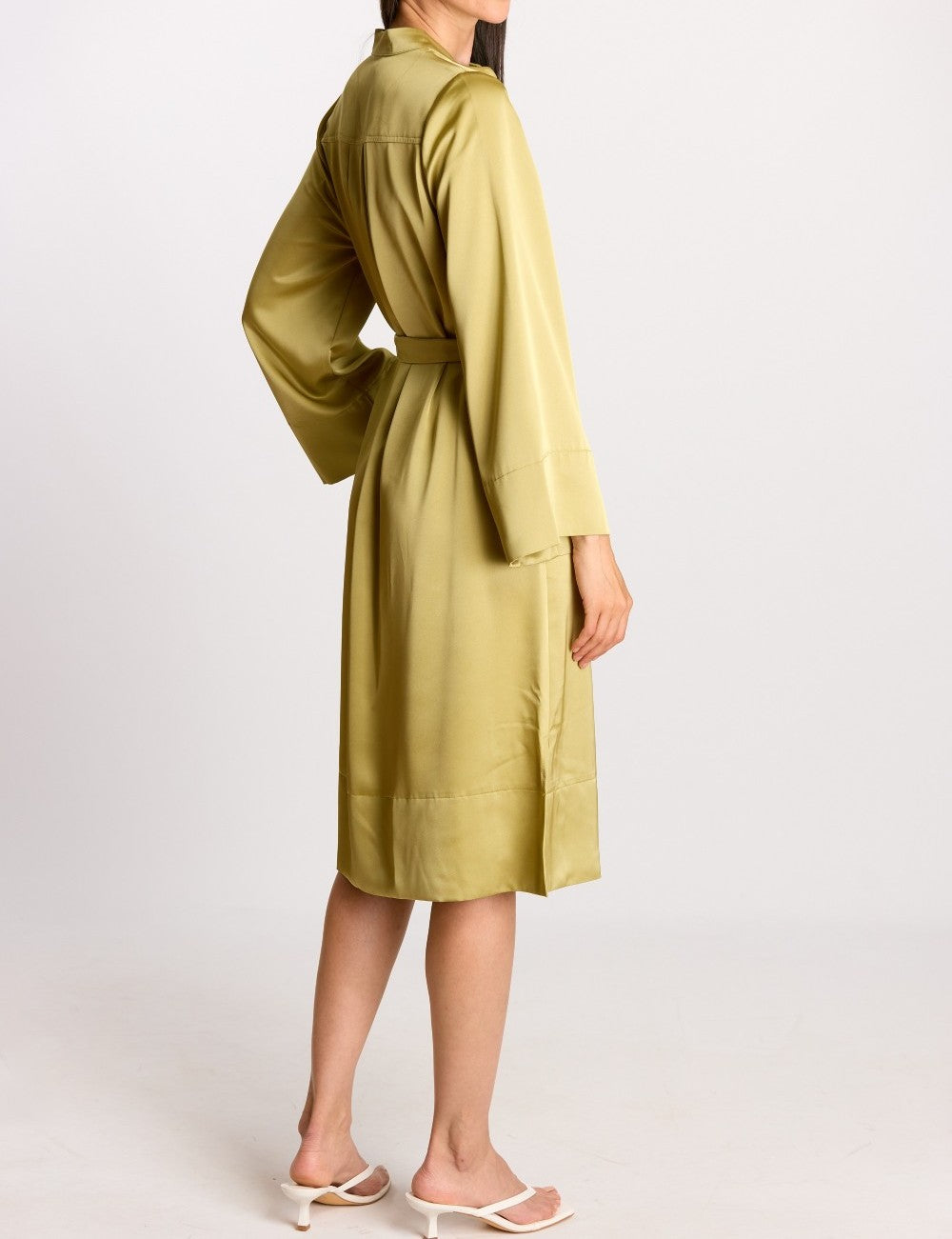 LIGHT MOSS SATIN LONG KIMONO SLEEVE BUTTON UP SHIRT MIDI DRESS